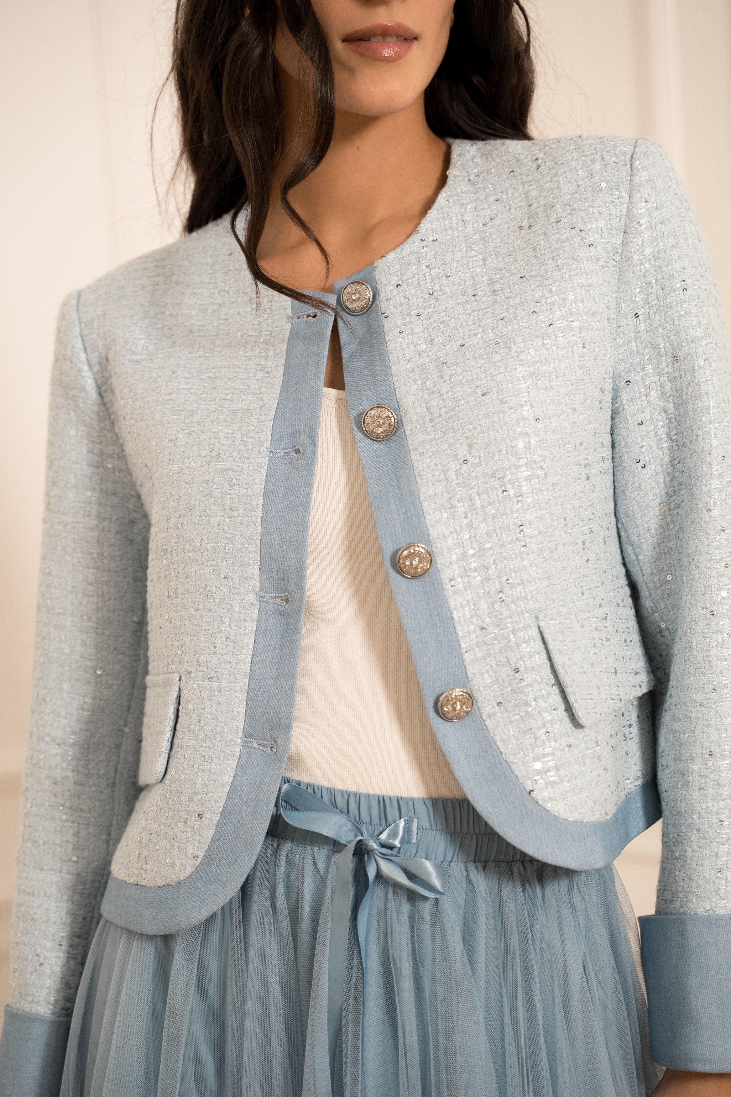 Light blue collarless cropped blazer with ornate gold buttons - Chanel inspired tweed jacket