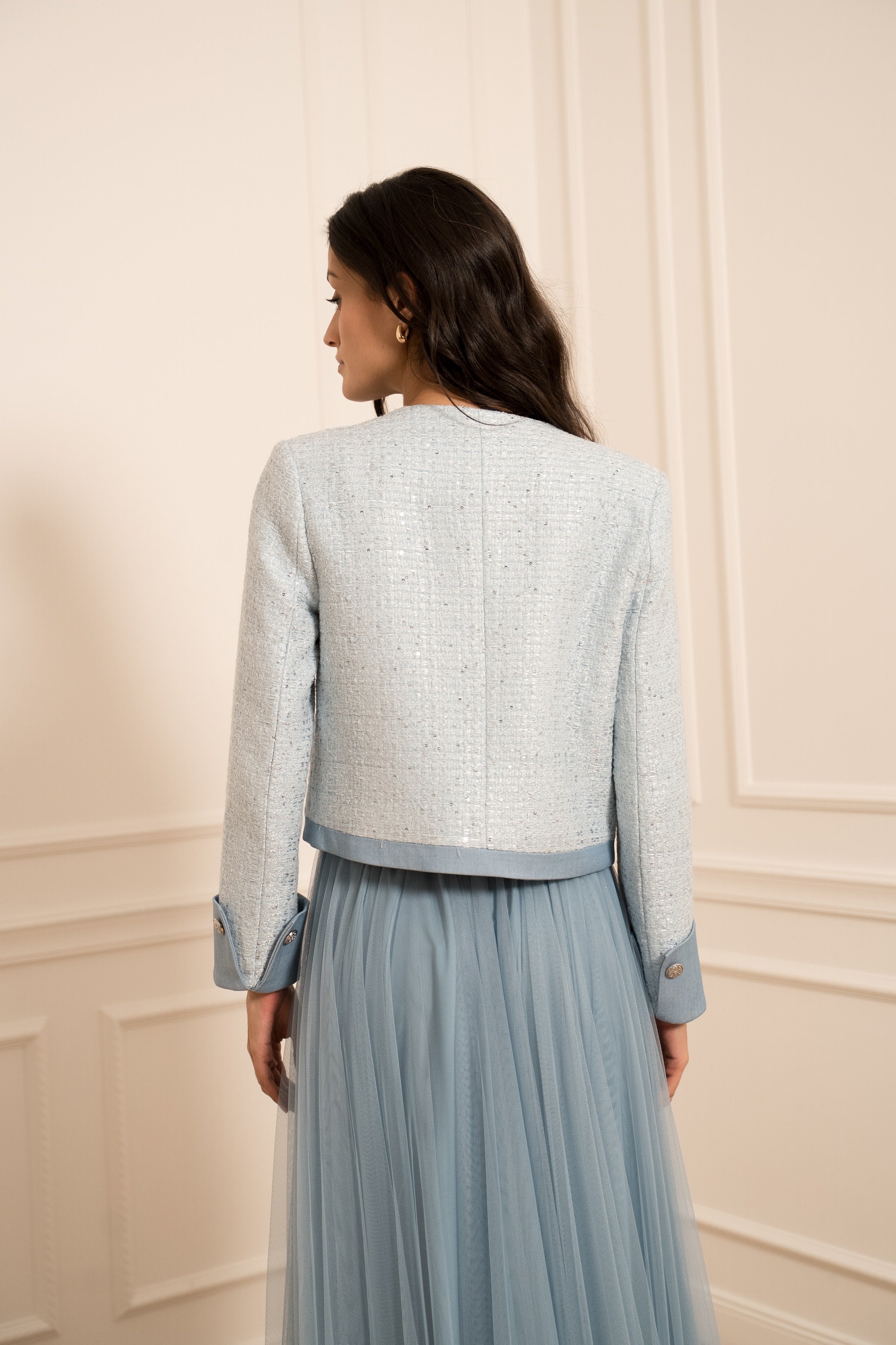 Cropped sky blue blazer back view - tailored structured jacket for women