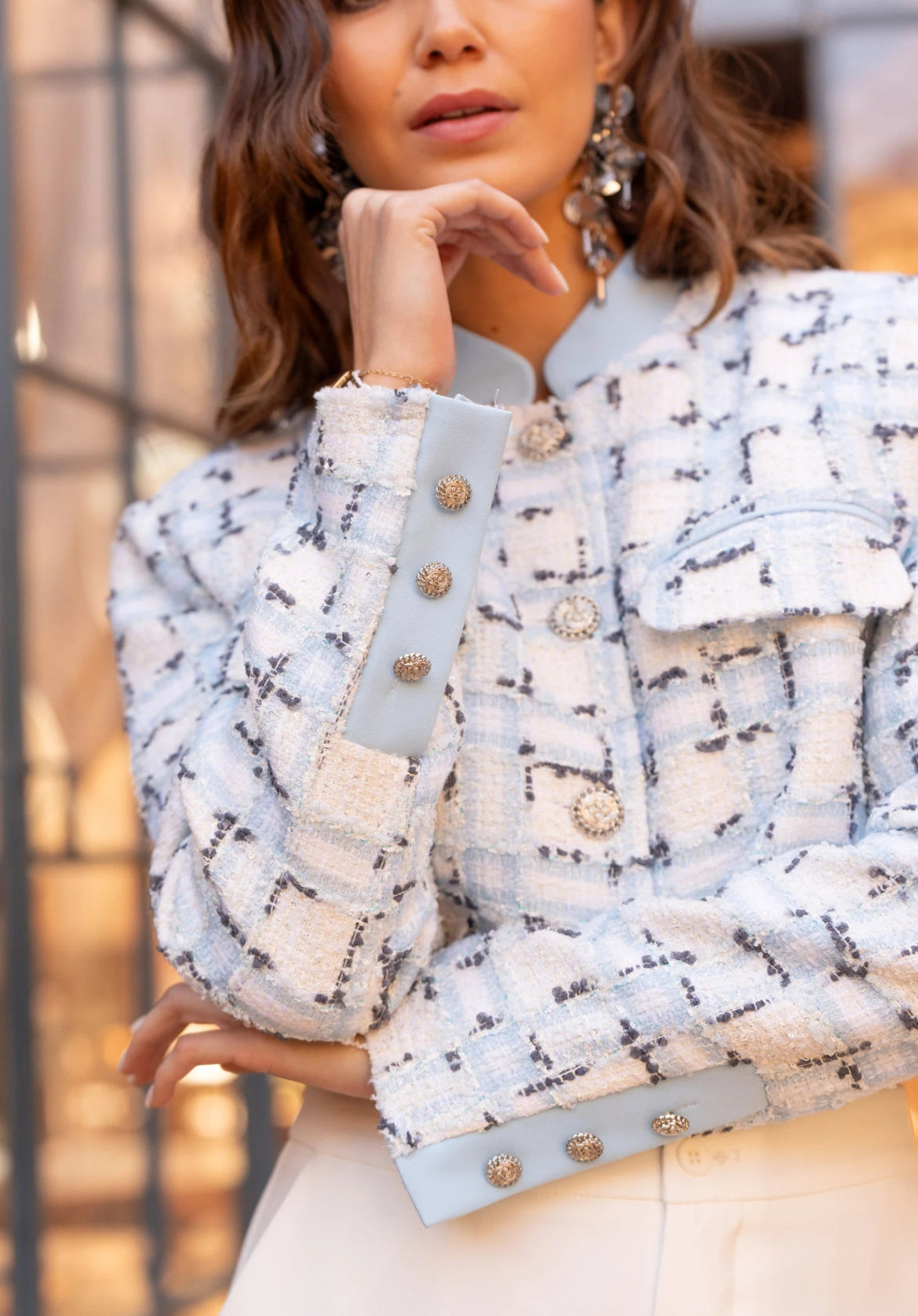 light blue tweed blazer women's