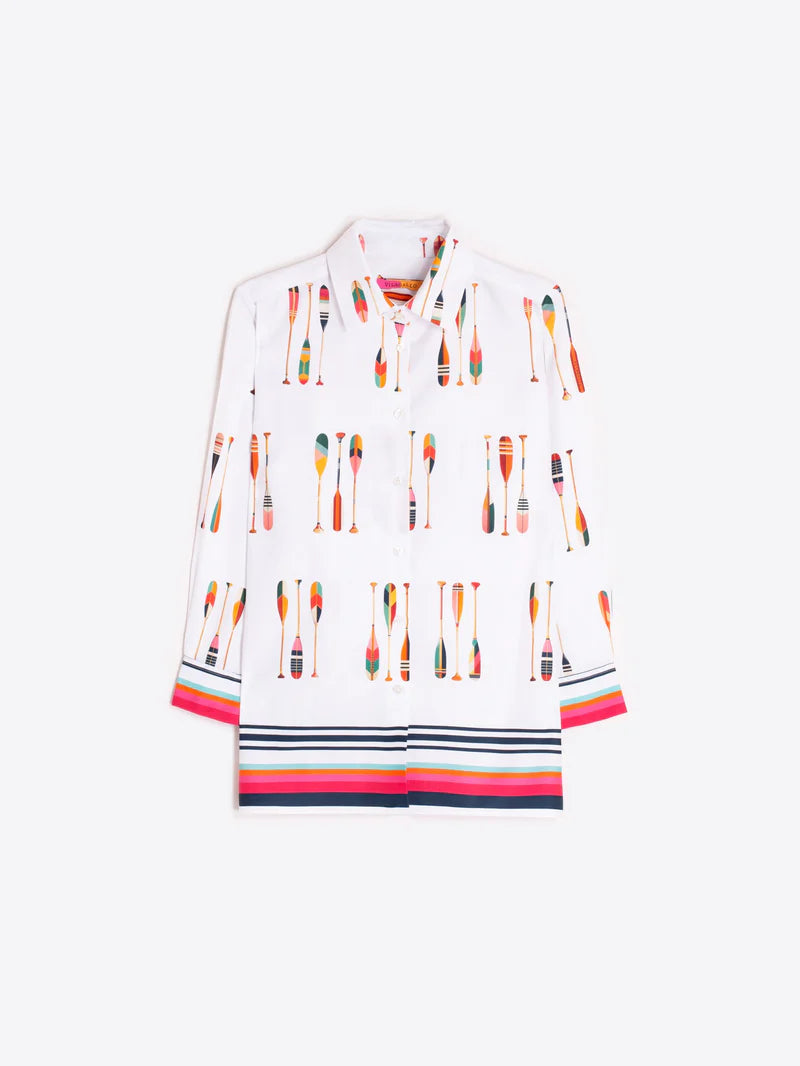 White 3/4 sleeve shirt with artistic oar print for women