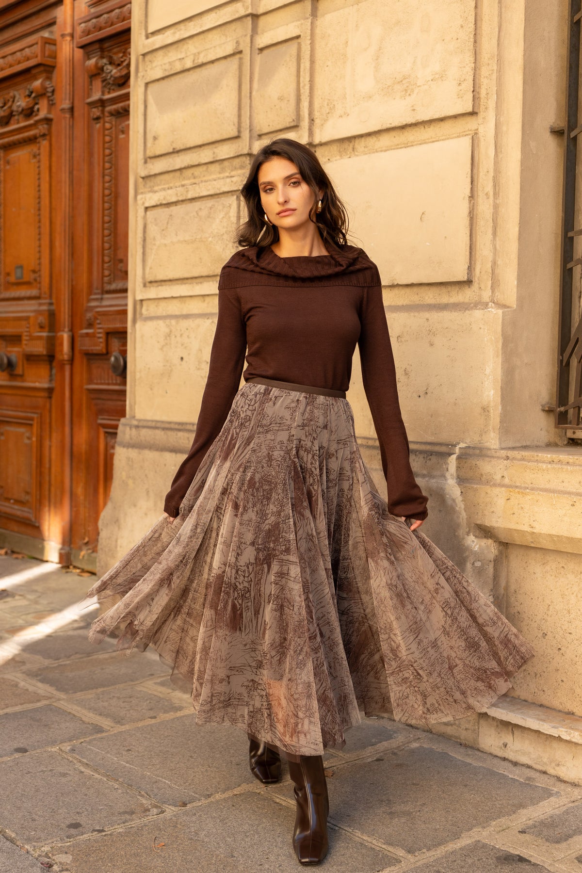 Chocolate brown printed tulle midi skirt with flowing pleated A-line shape