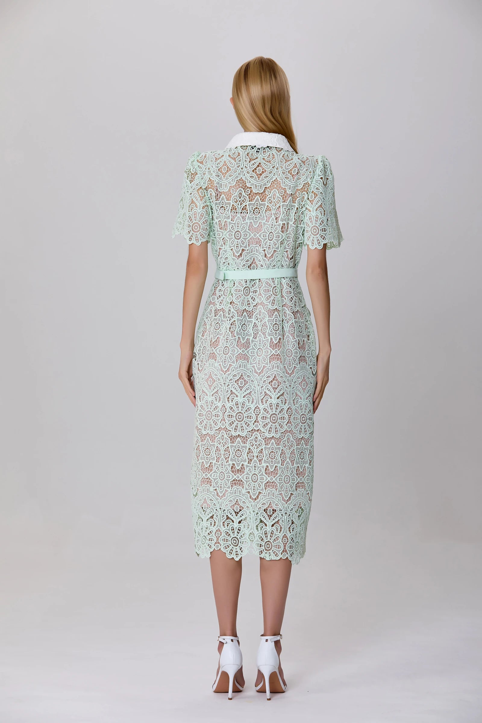 sophisticated lace midi dress with delicate cutwork and buttons


