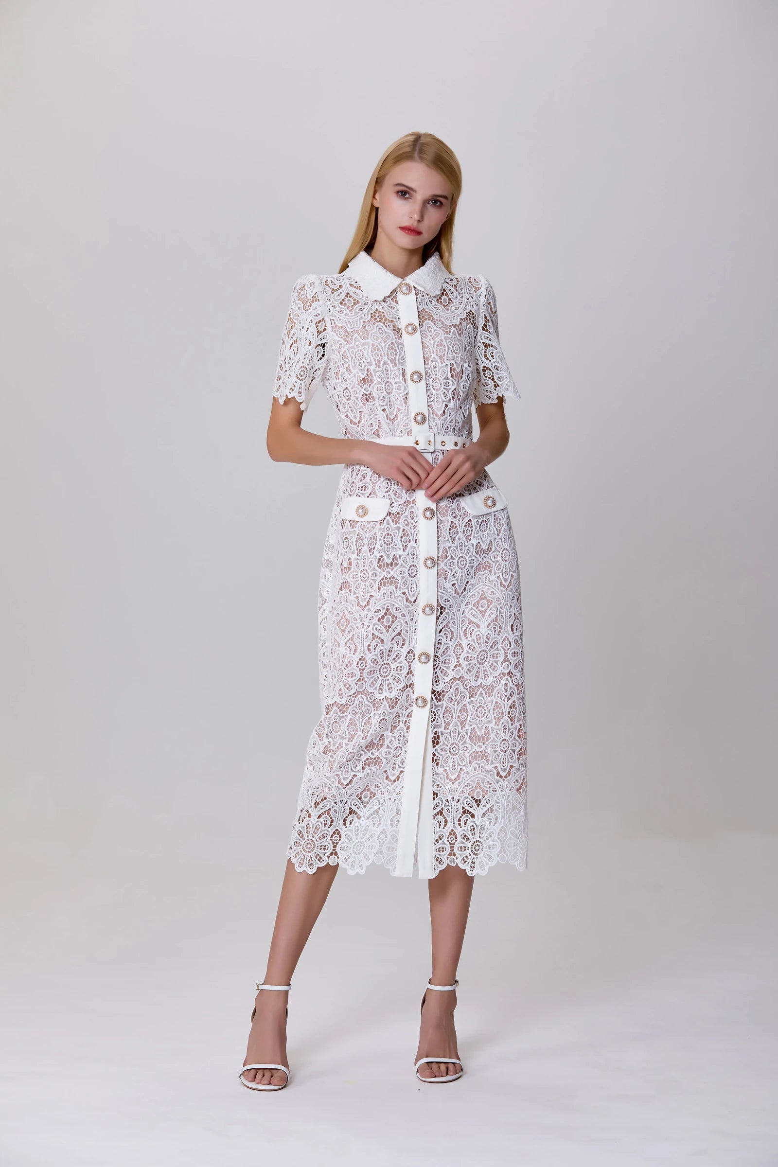 fitted sheer lace dress styled for summer event or cocktail party