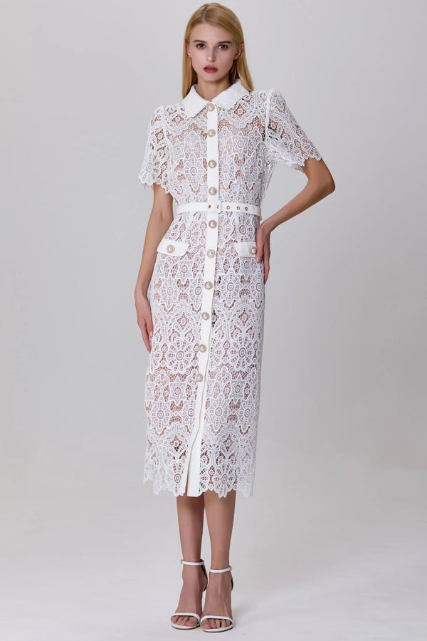 model wearing sheer white lace midi dress with gold buttons