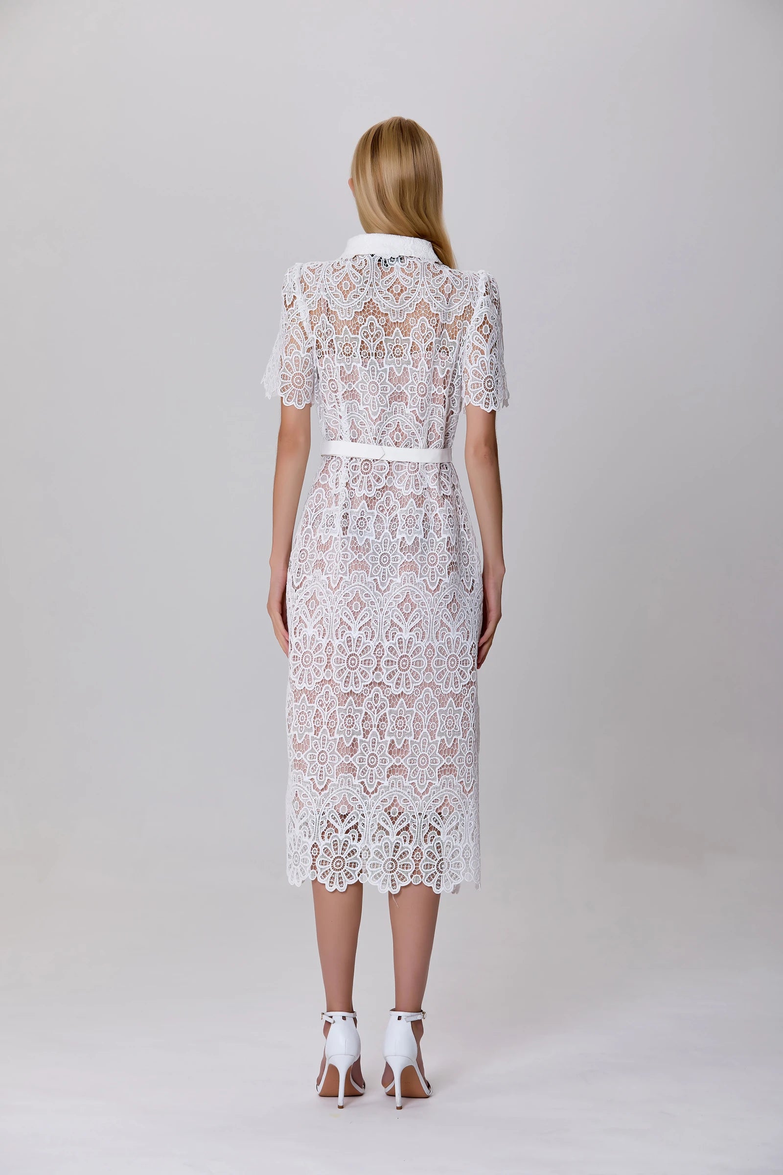 feminine lace appliqué dress with polished gold detailing