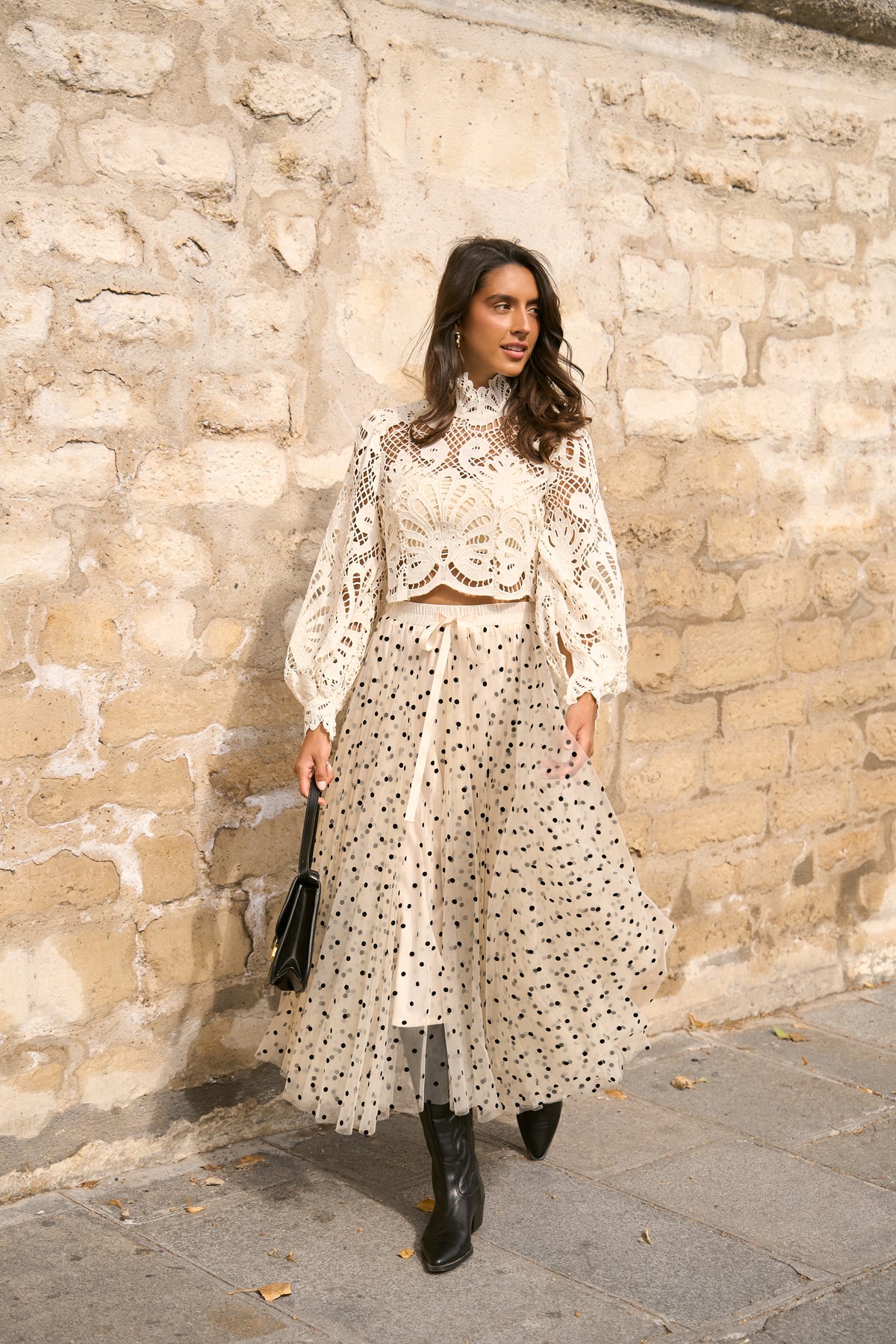 Cream polka dot tulle midi skirt with black spots and elasticated waistband
