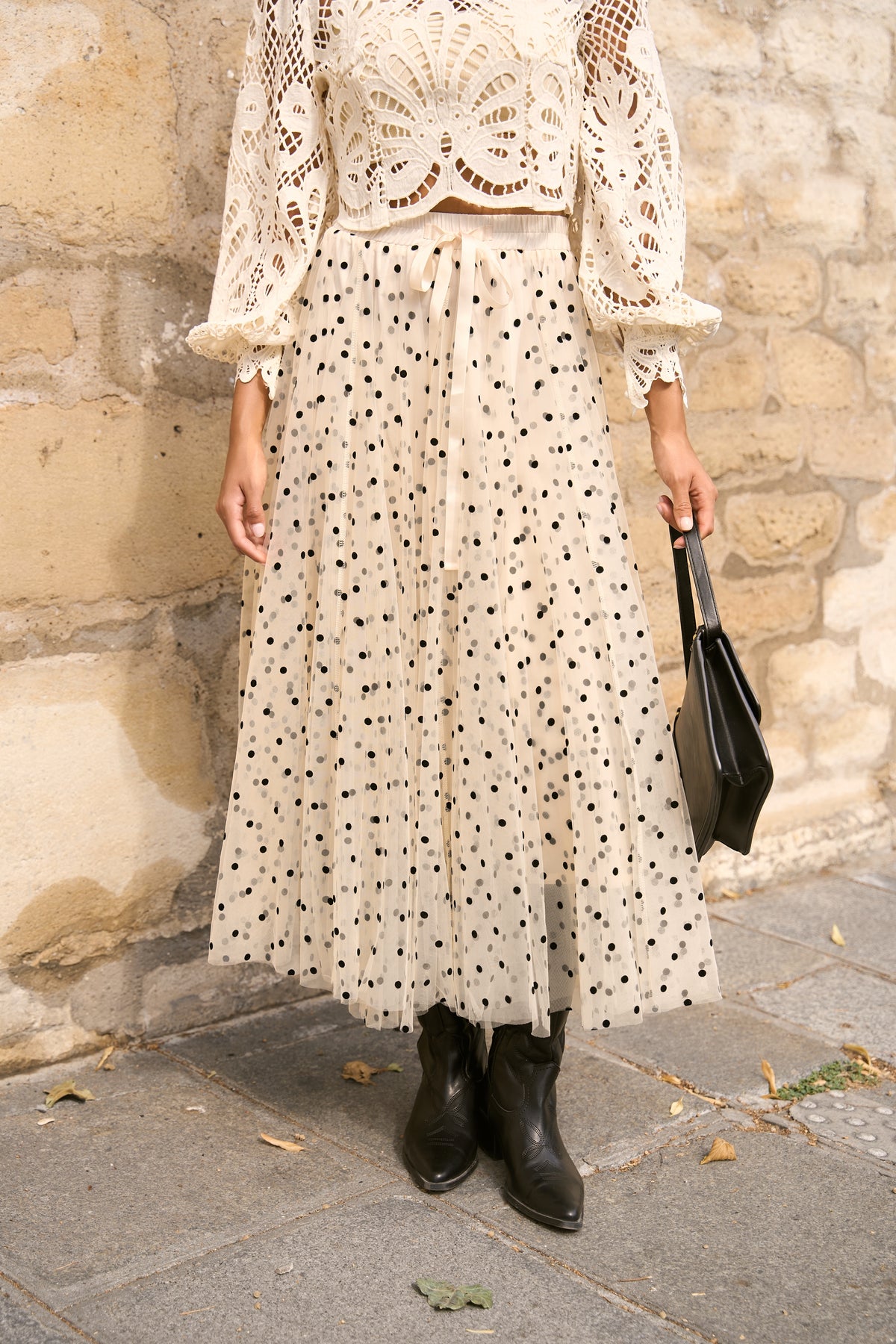 Women’s cream and black polka dot tulle skirt with full A-line silhouette