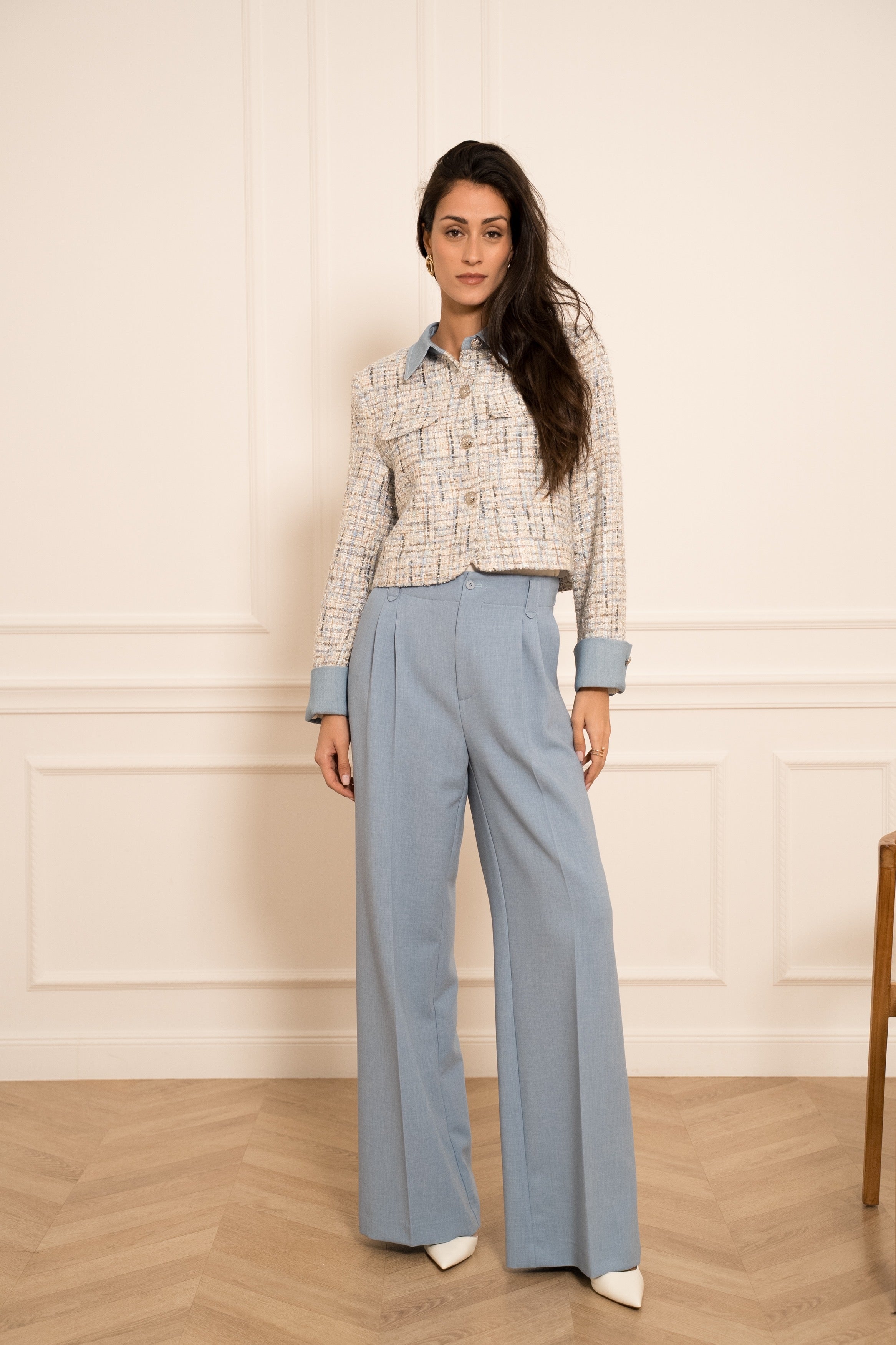 Ivory tweed blazer styled with light blue trousers - spring outfit inspiration