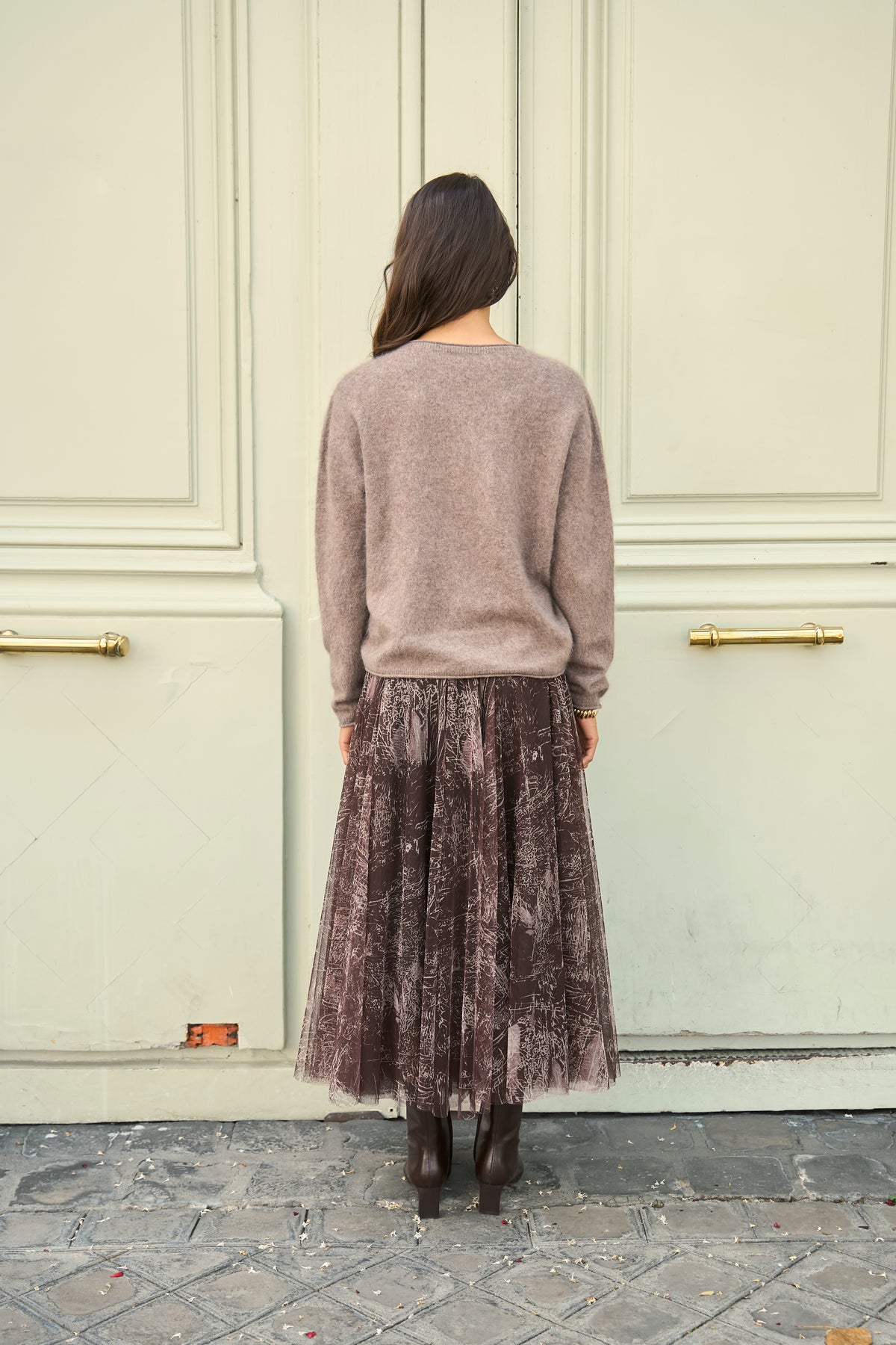 Elegant dark brown printed midi skirt with full layered tulle silhouette for women