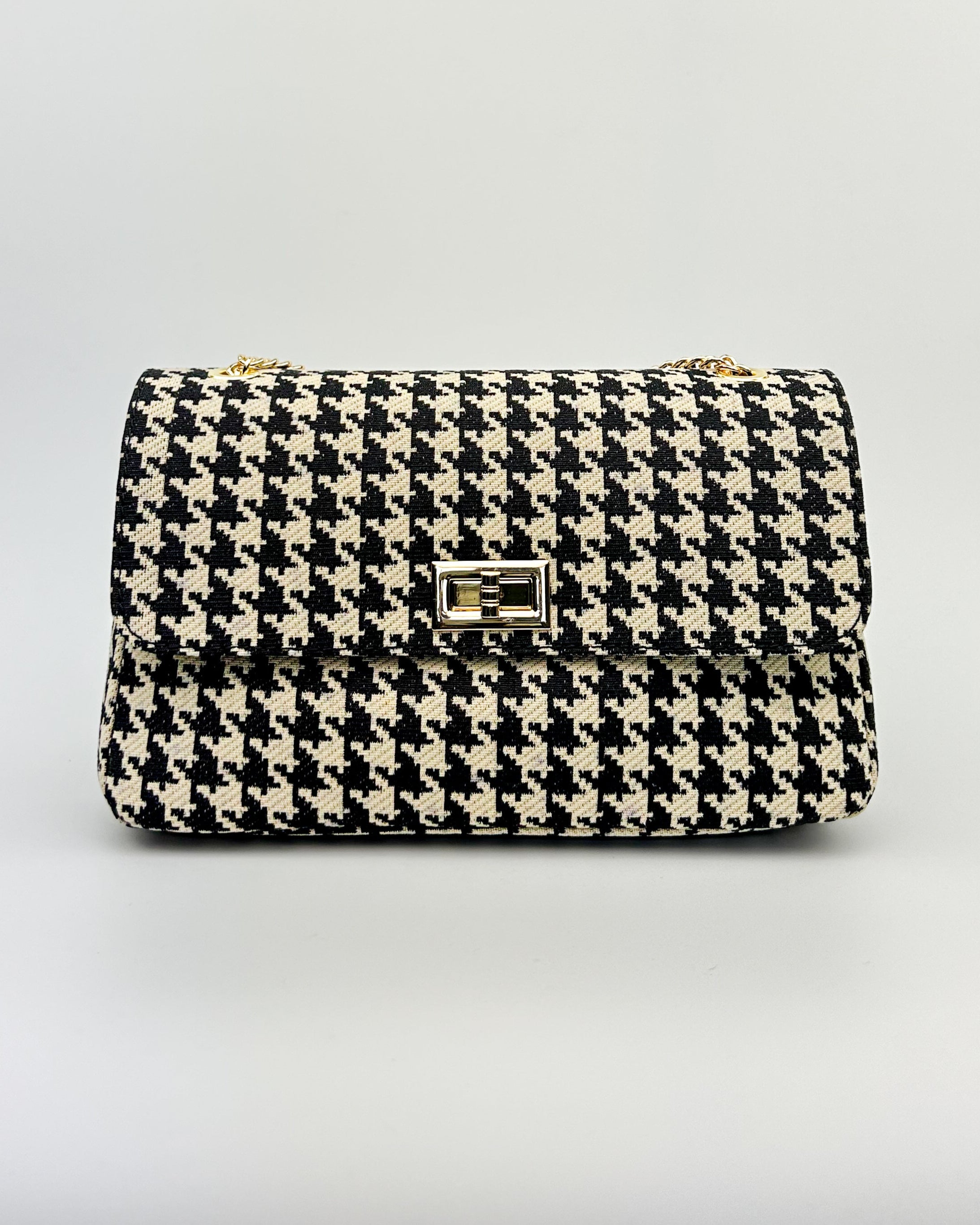 Emma black and white patterned shoulder bag with gold chain strap