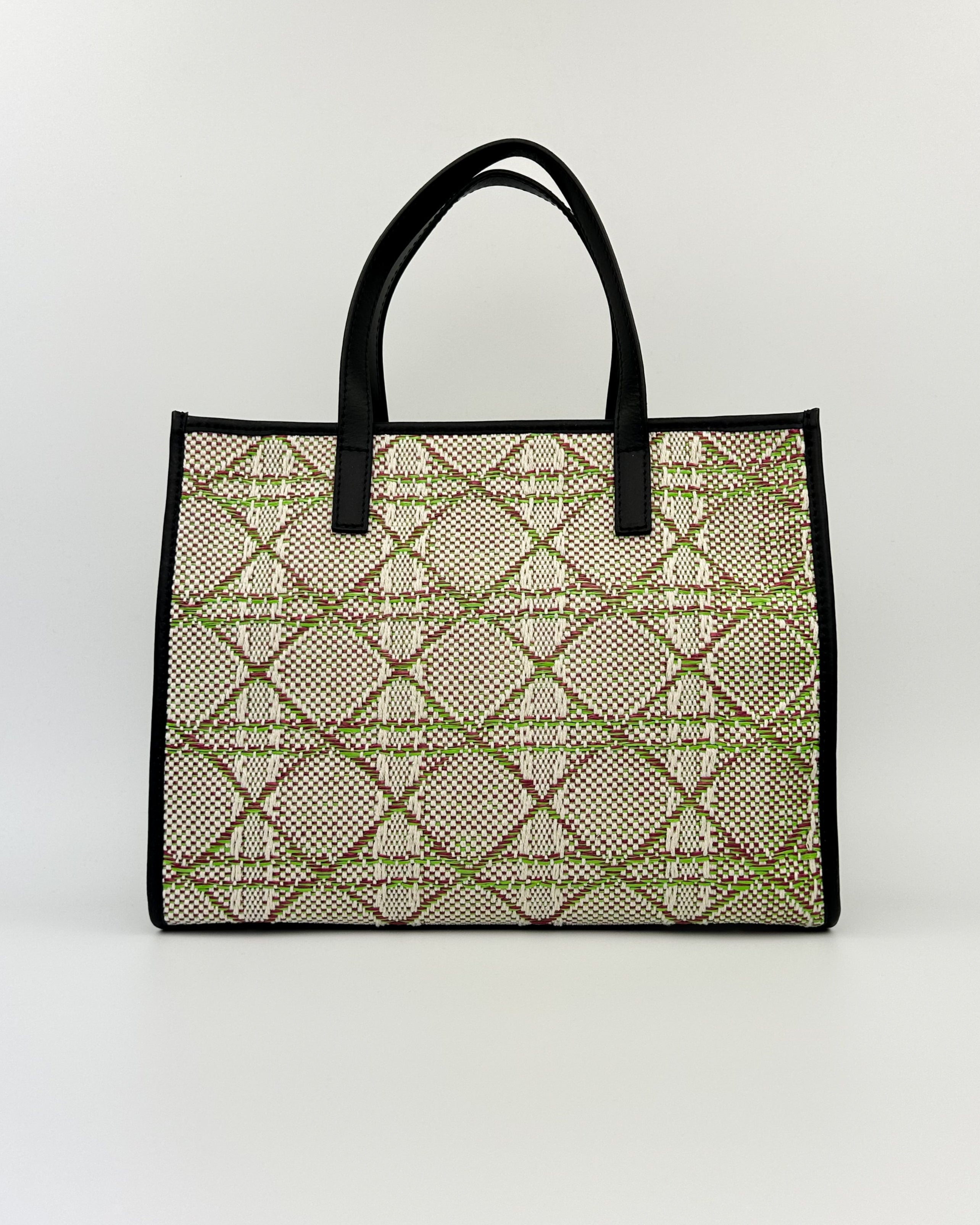 Emma Tote bag in lime green woven fabric with smooth leather details and structured silhouette