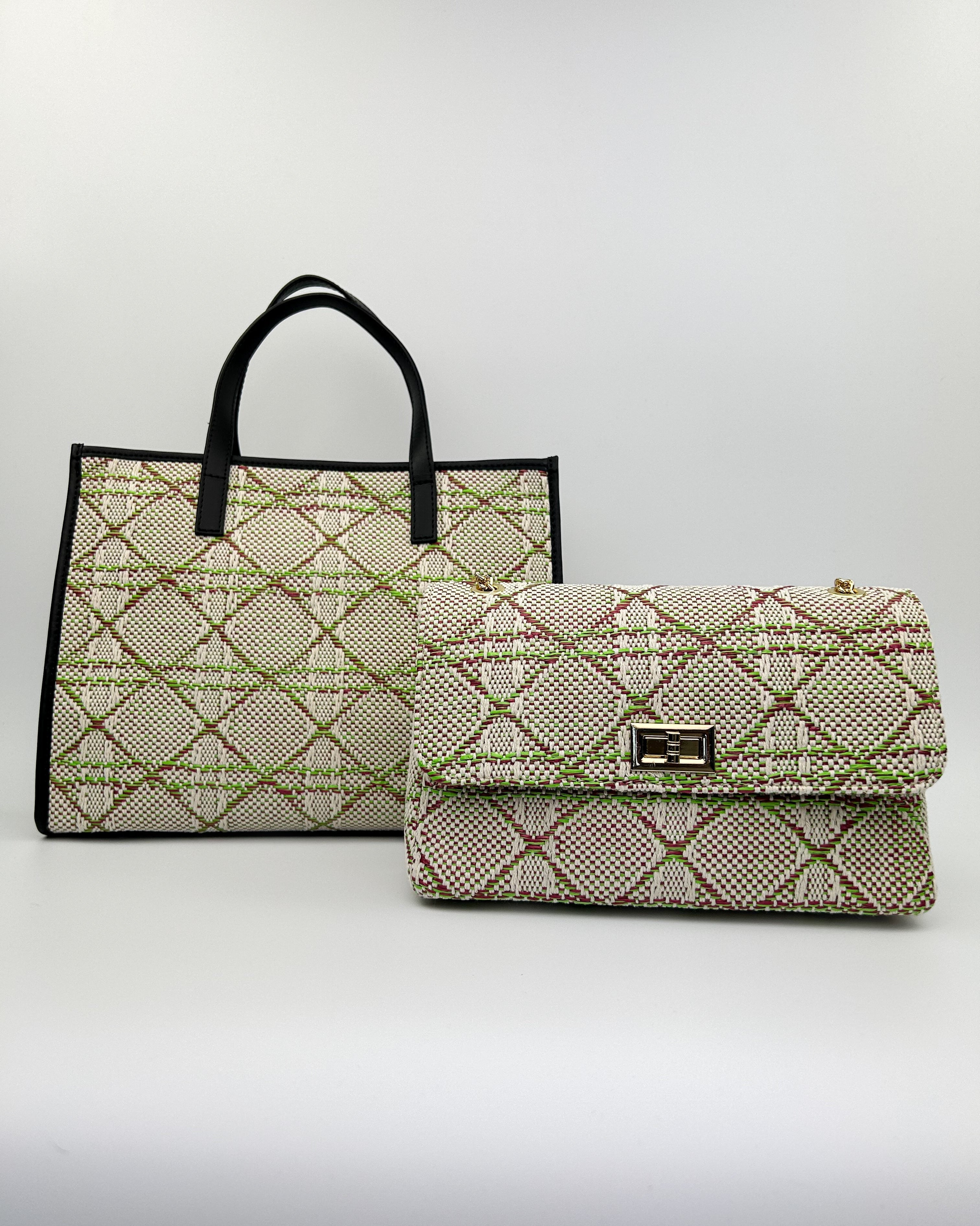 Front view of the Emma Tote featuring vibrant lime green texture and premium leather trim