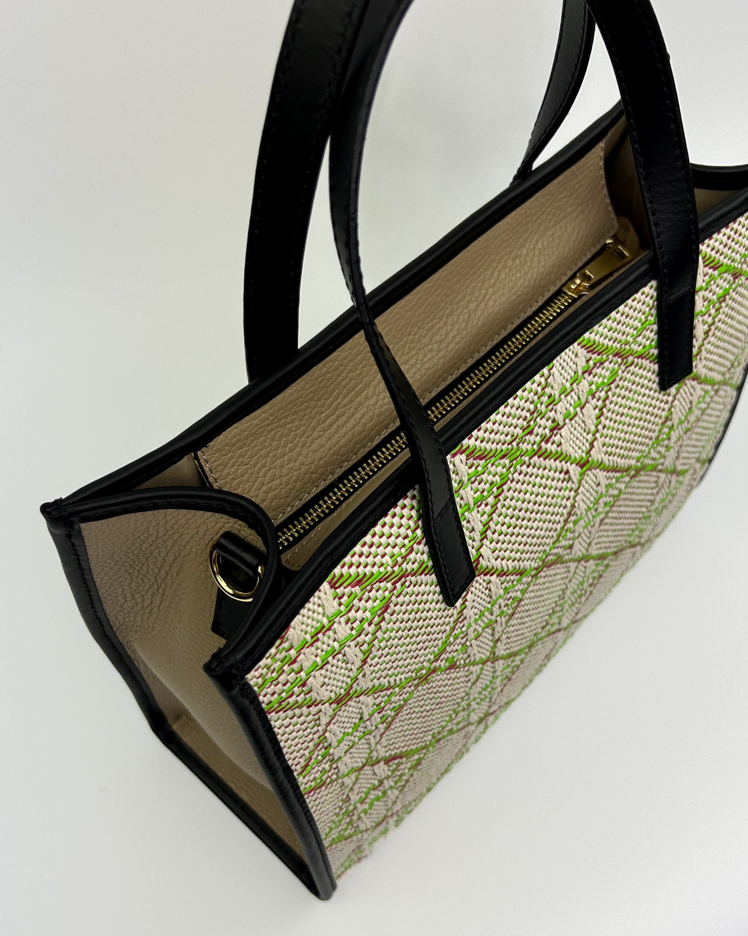 Bold and modern Emma Tote in lime green, blending woven texture with sleek leather accents