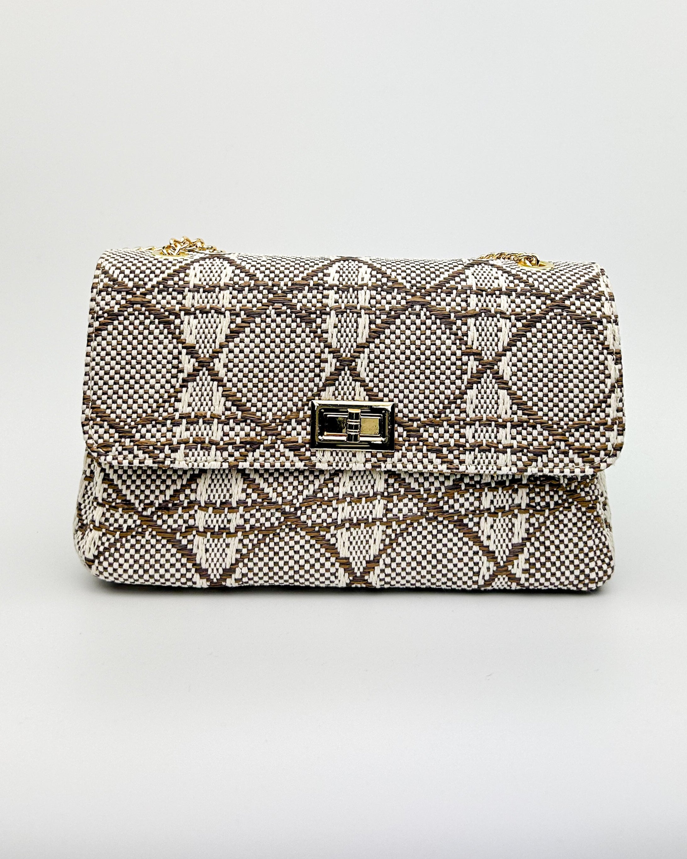 Emma shoulder bag in blue fabric and leather with gold chain strap