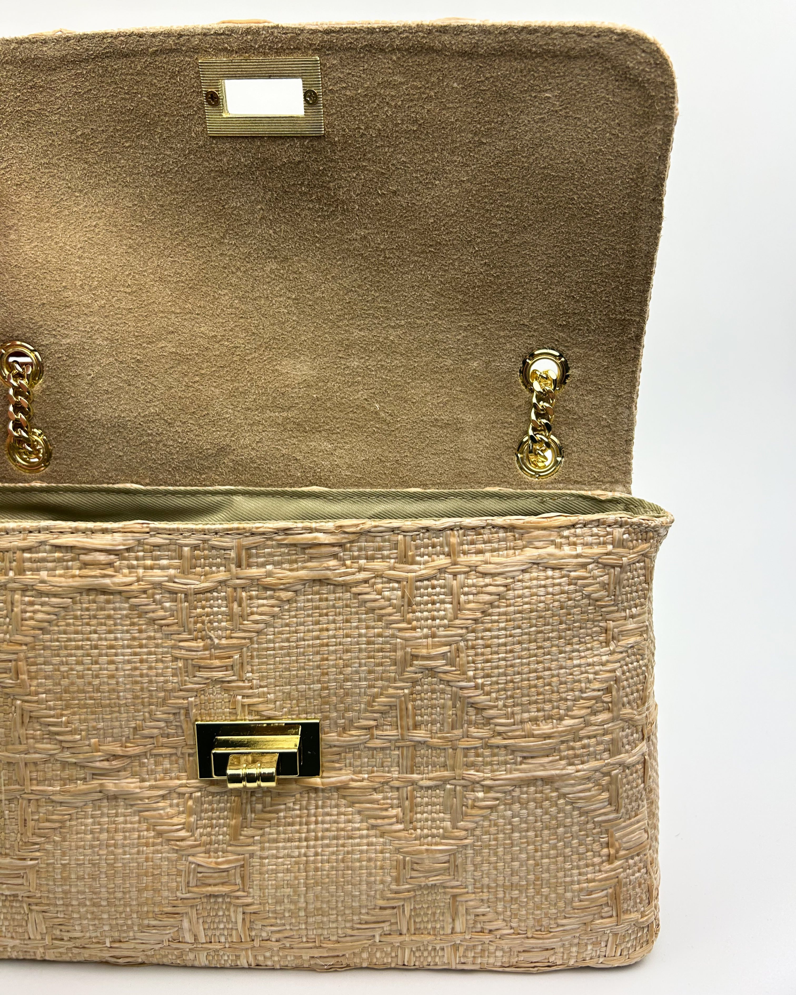 Interior of Emma raffia and leather bag with two inside pockets