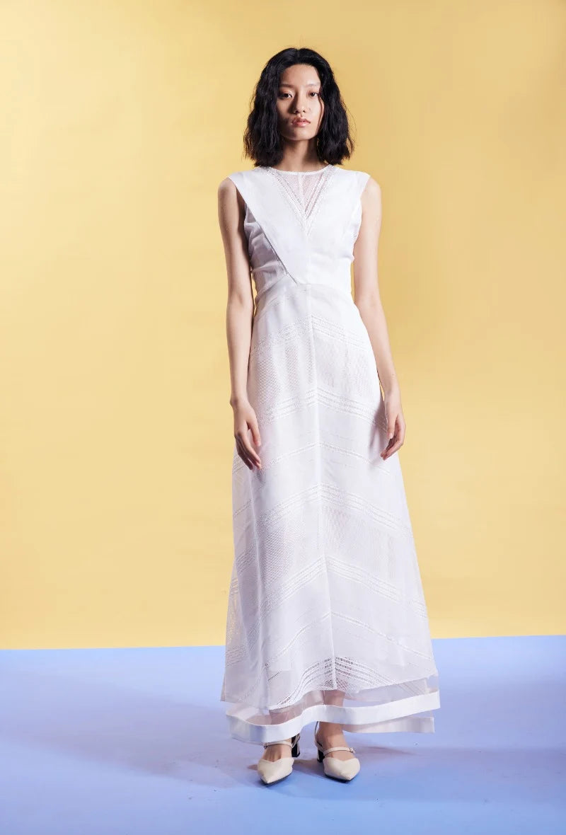 flowy long white lace dress for summer or formal occasions

