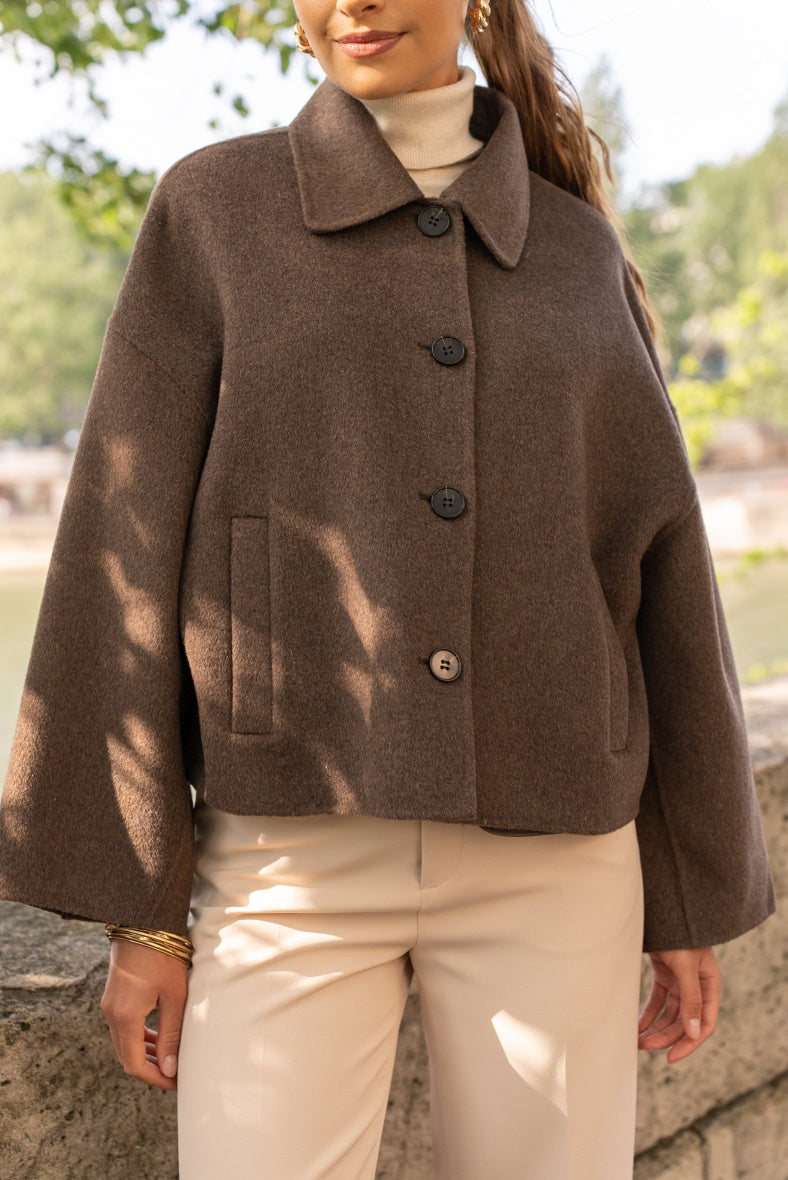 Close-up of button details and wool blend texture on brown short coat