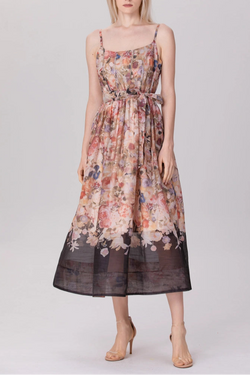 model in sleeveless floral organza midi dress with tie waist