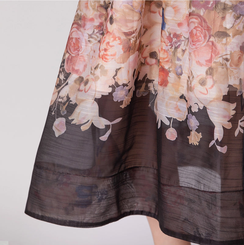 elegant organza dress with soft floral design and heart neckline

