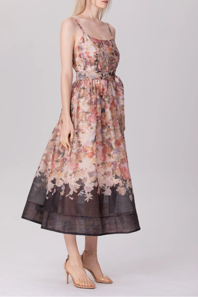 flowy belted floral dress perfect for picnics or garden parties

