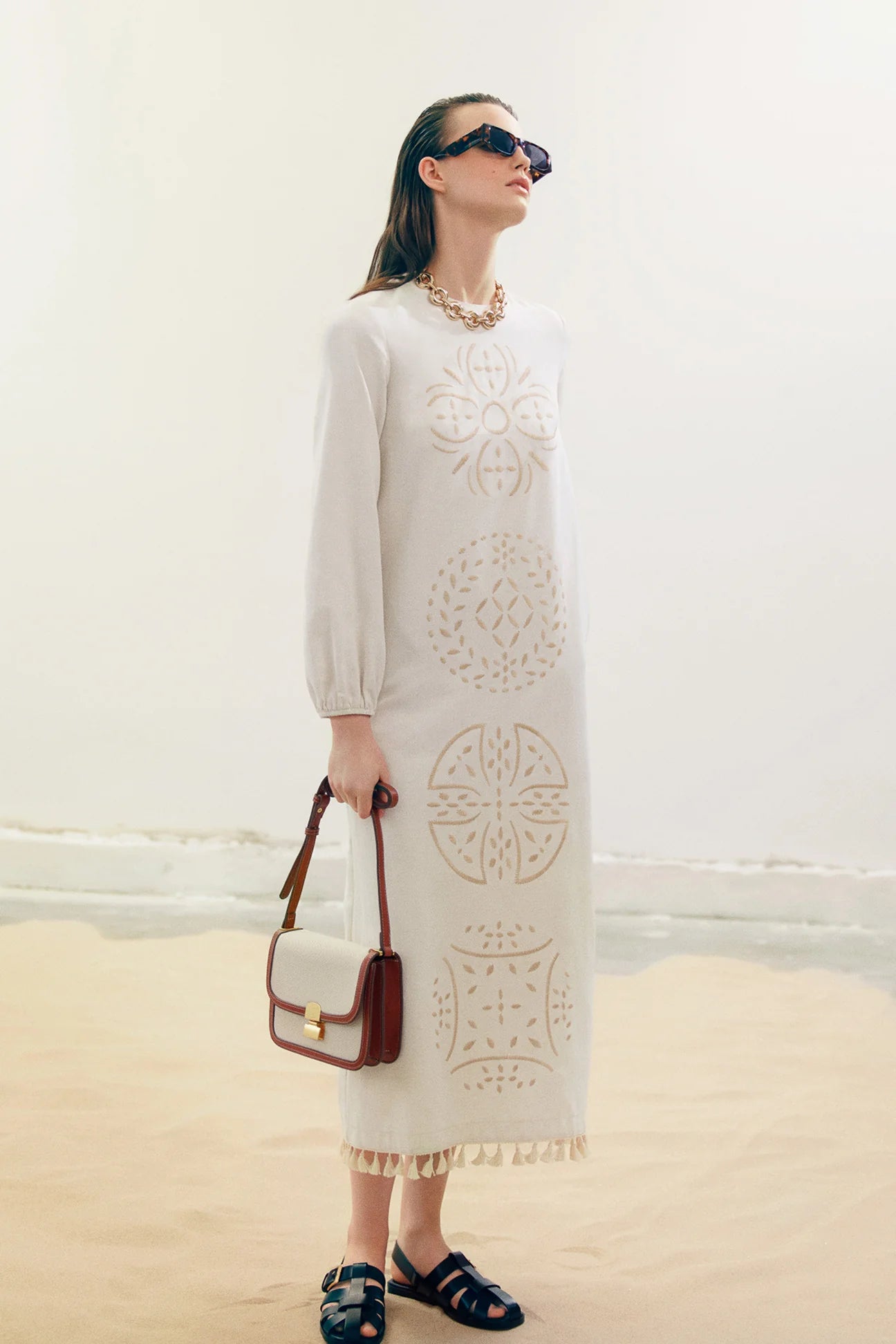 Long beige linen-blend embroidered dress with long sleeves