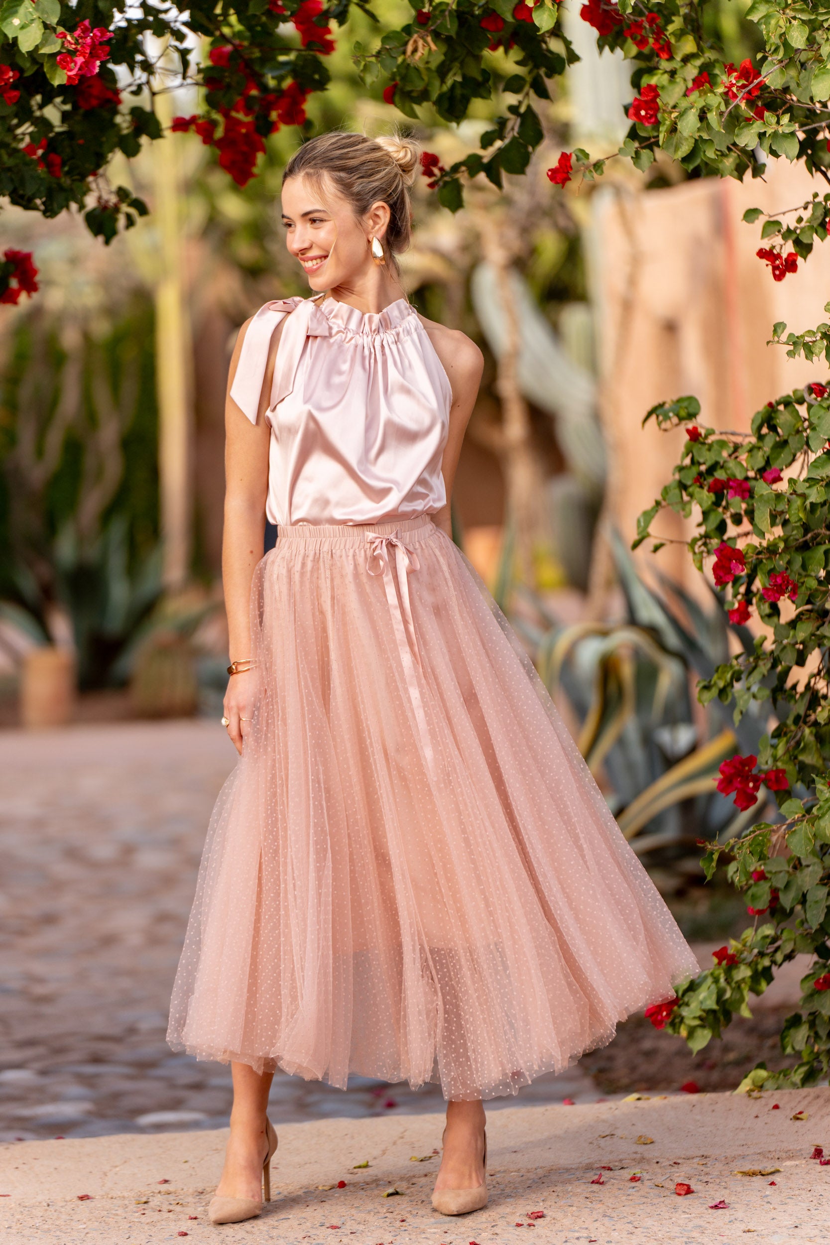 Blush pink polka dot tulle midi skirt with elasticated waist — Sienna Alexander London
