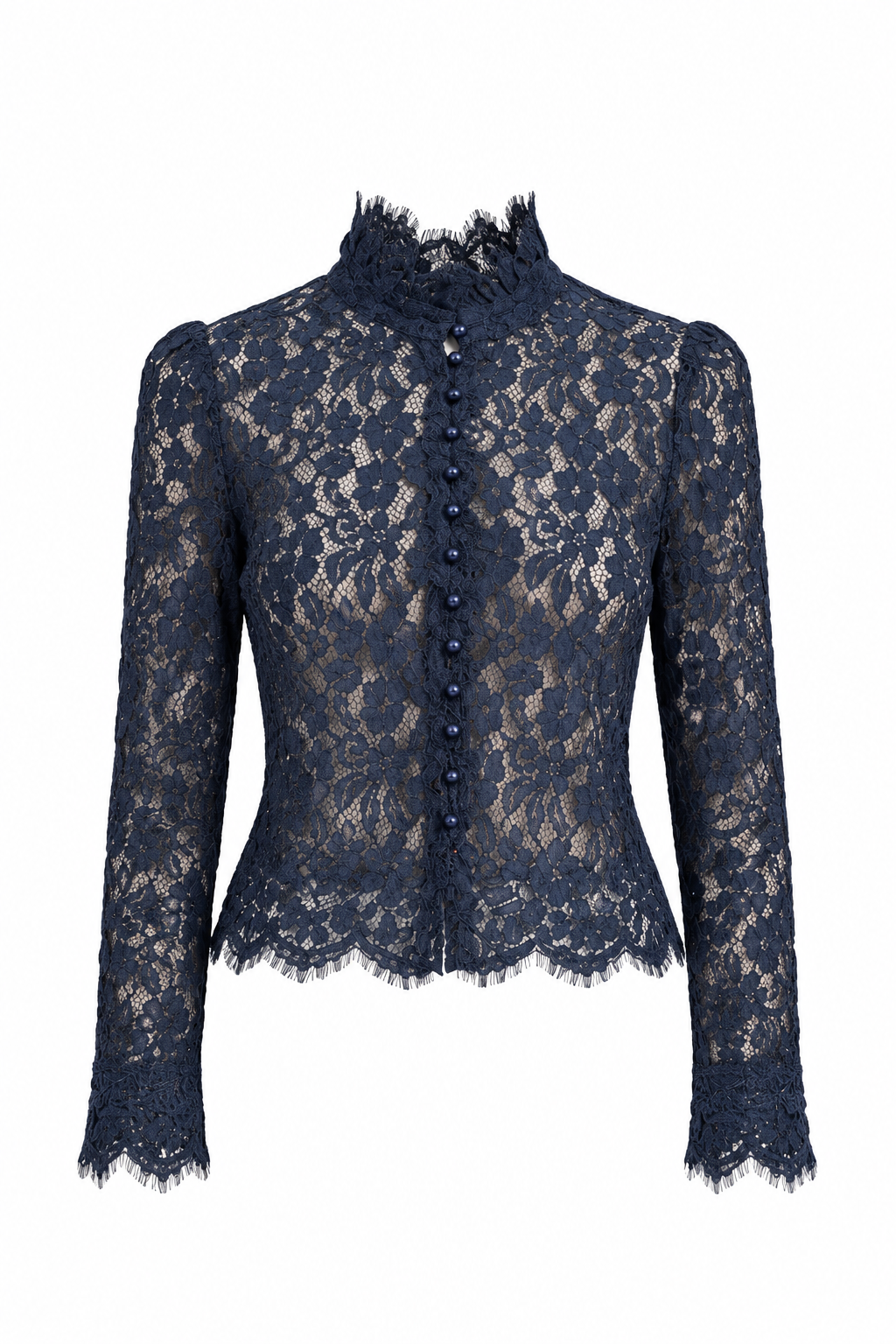 A navy blue lace long-sleeve blouse with a high mock neck, buttoned front, and scalloped edges, shown against a plain white background.