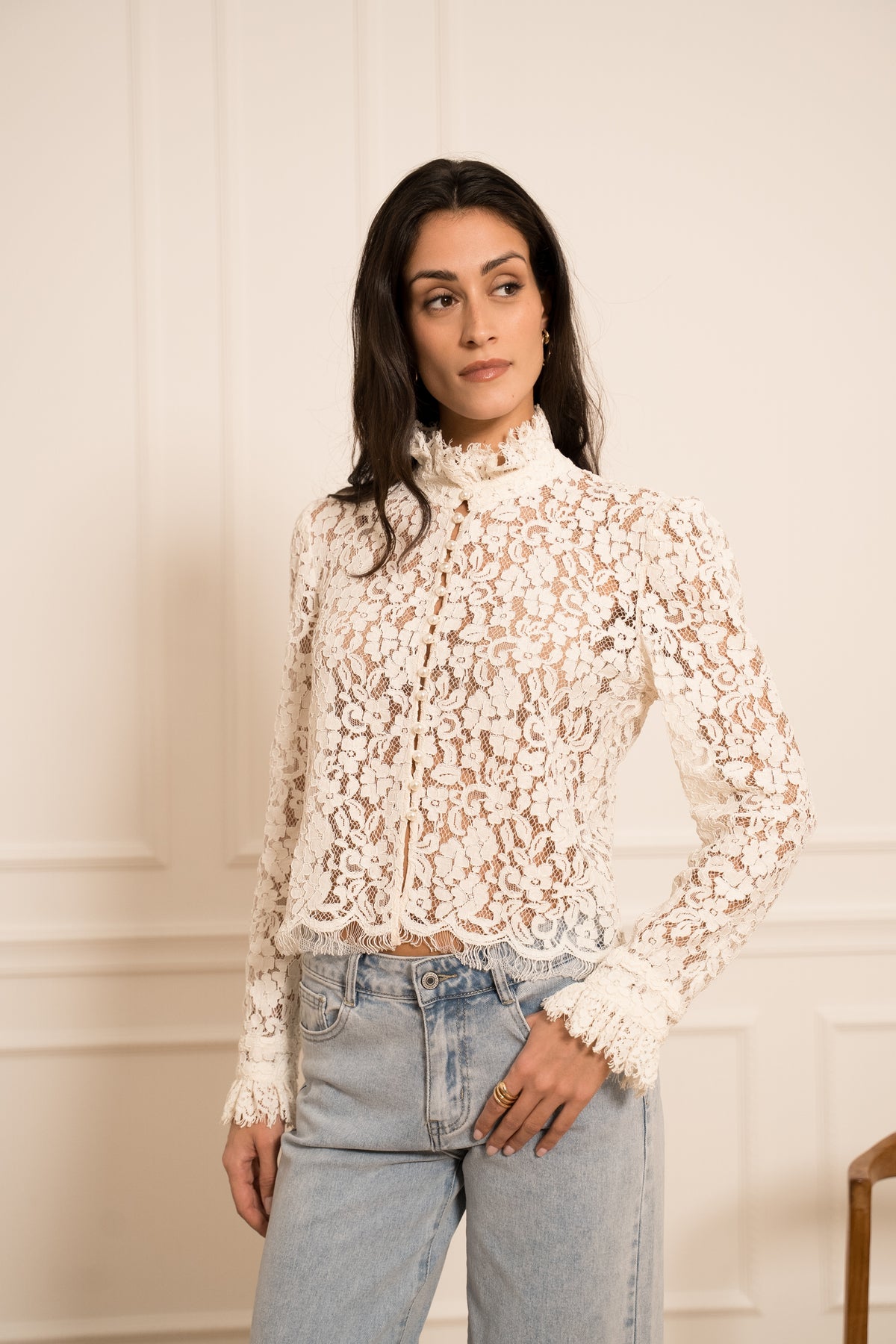 Stella cream lace blouse with pearl buttons and high lace collar