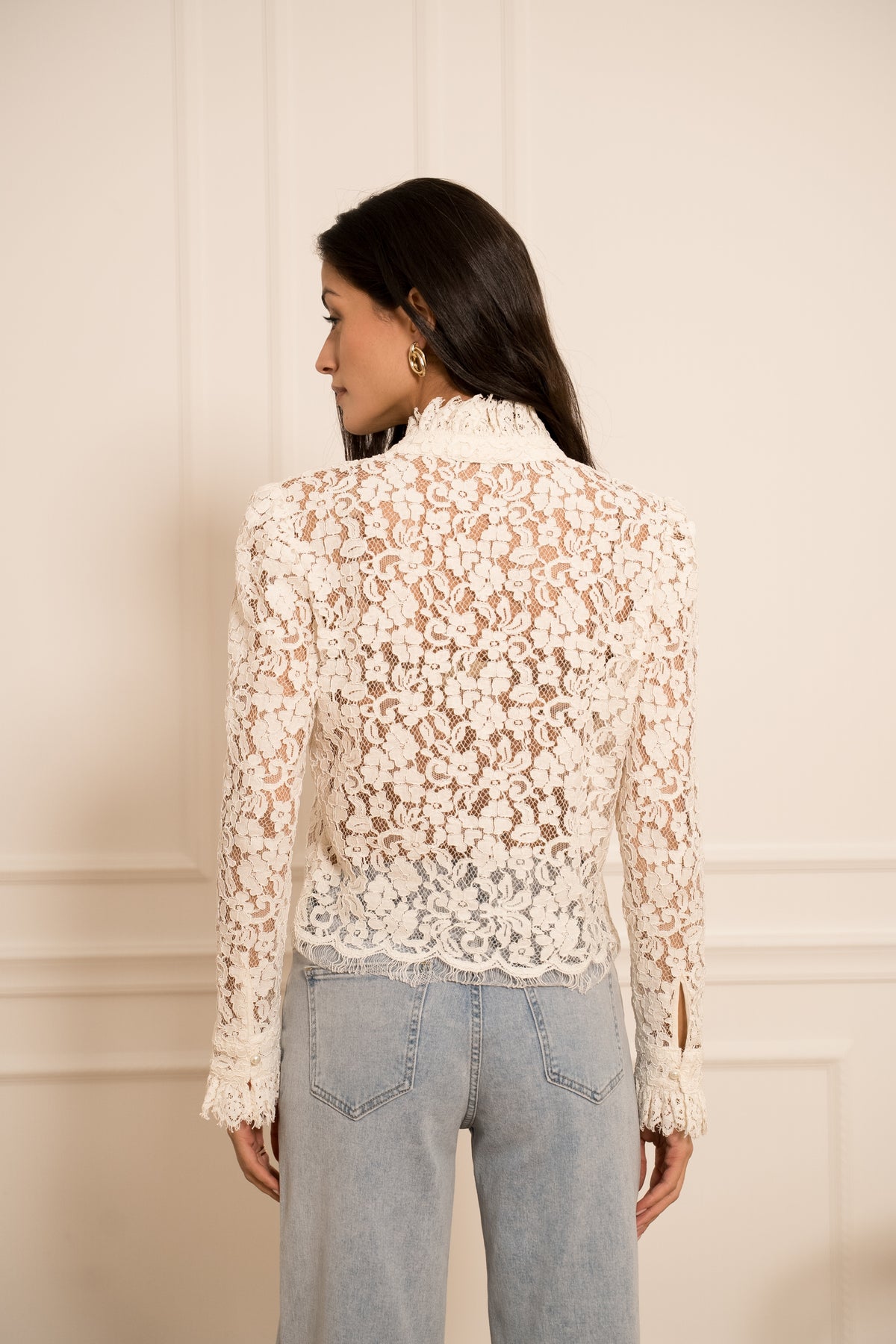 Women’s cream lace blouse with floral lace detail back view