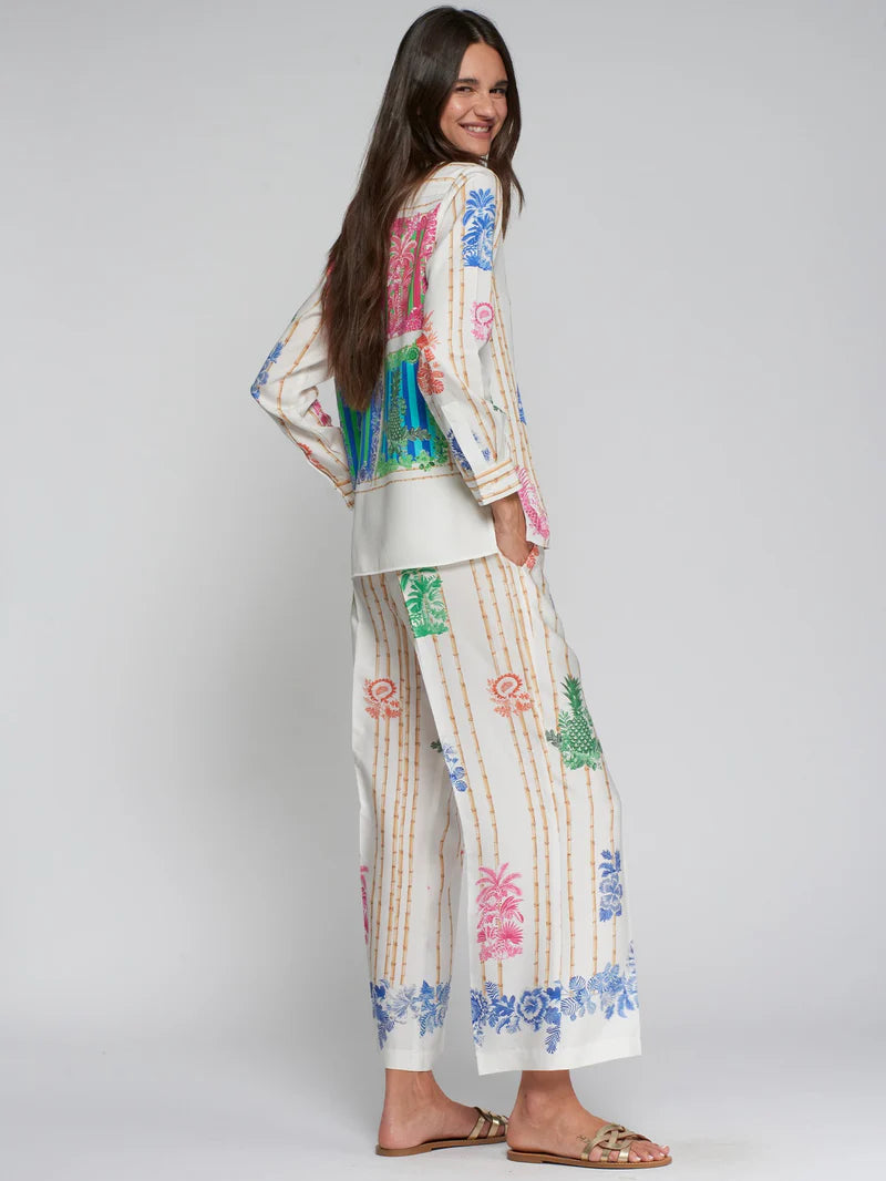 Vilagallo bamboo print trousers sideview - tropical Tencel pants Spanish designer