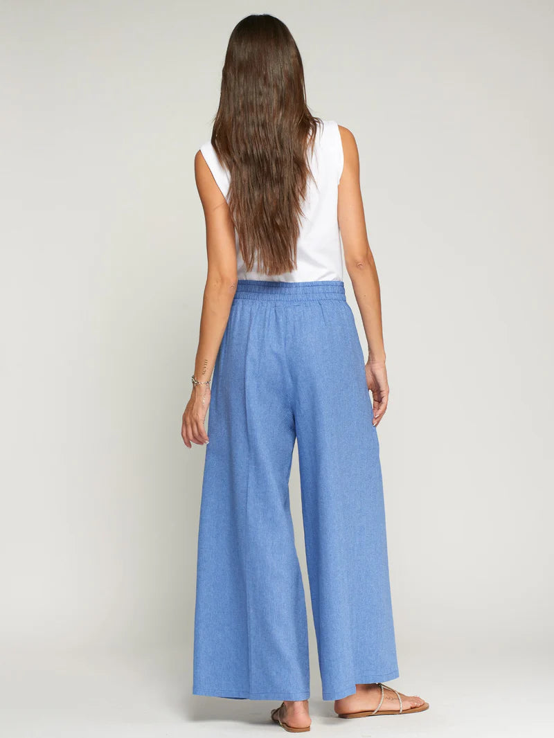 Vilagallo light blue linen trousers back view - herringbone wide-leg pants detail