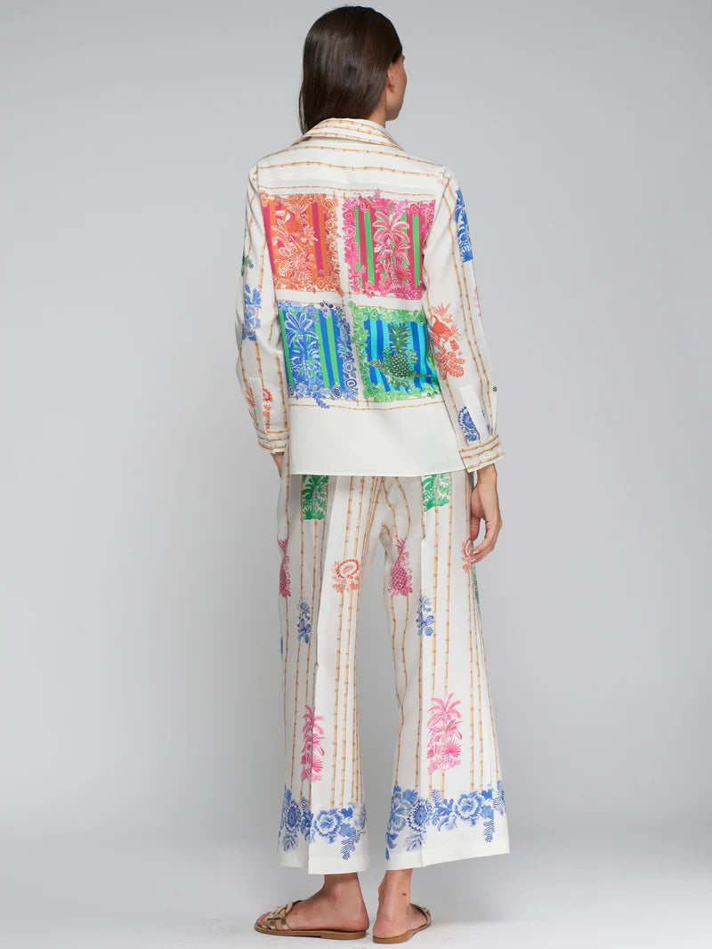Vilagallo tropical print trousers back view - bamboo pattern Tencel pants fit and drape