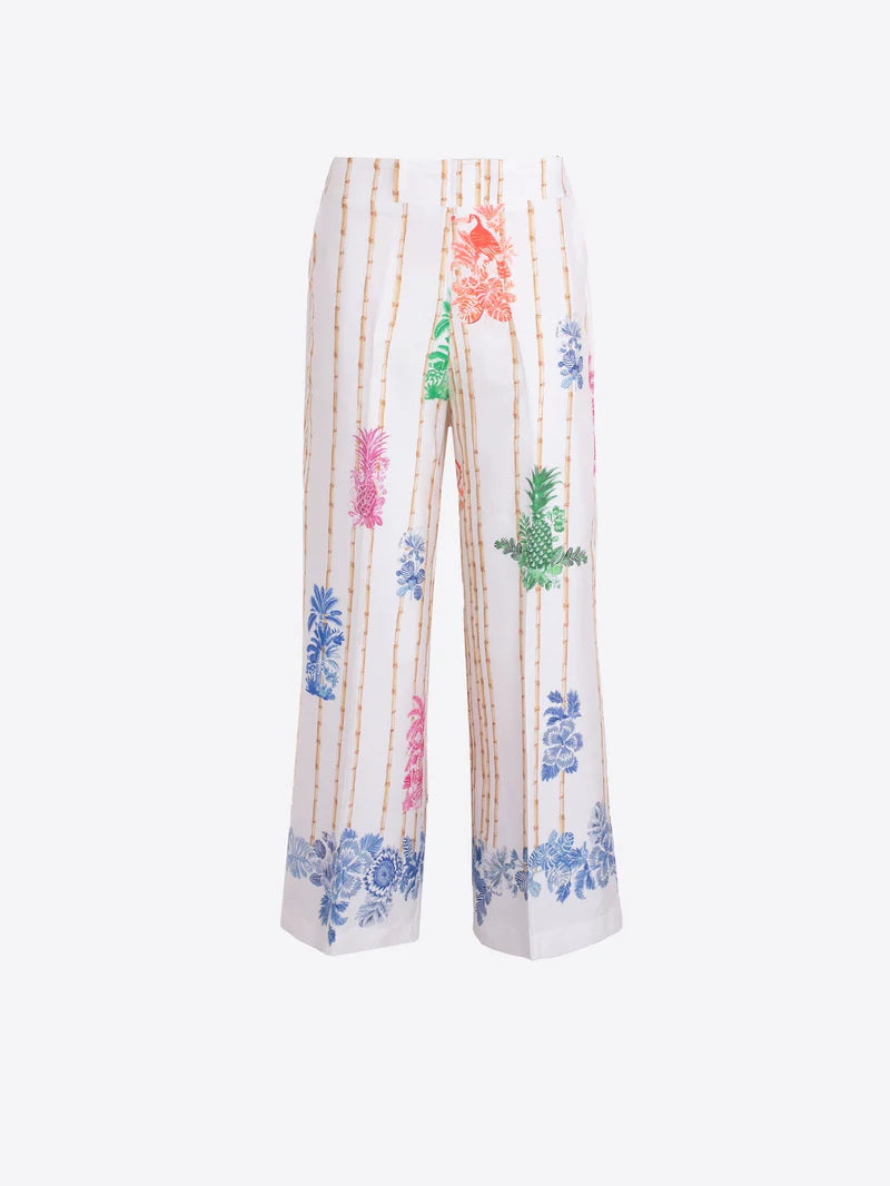 White pants with colorful floral patterns on a white background