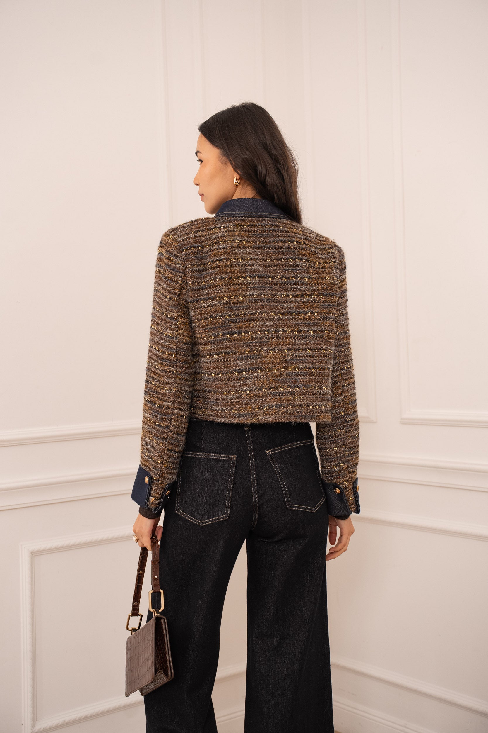 Cropped brown tweed blazer styled with black jeans - smart casual outfit