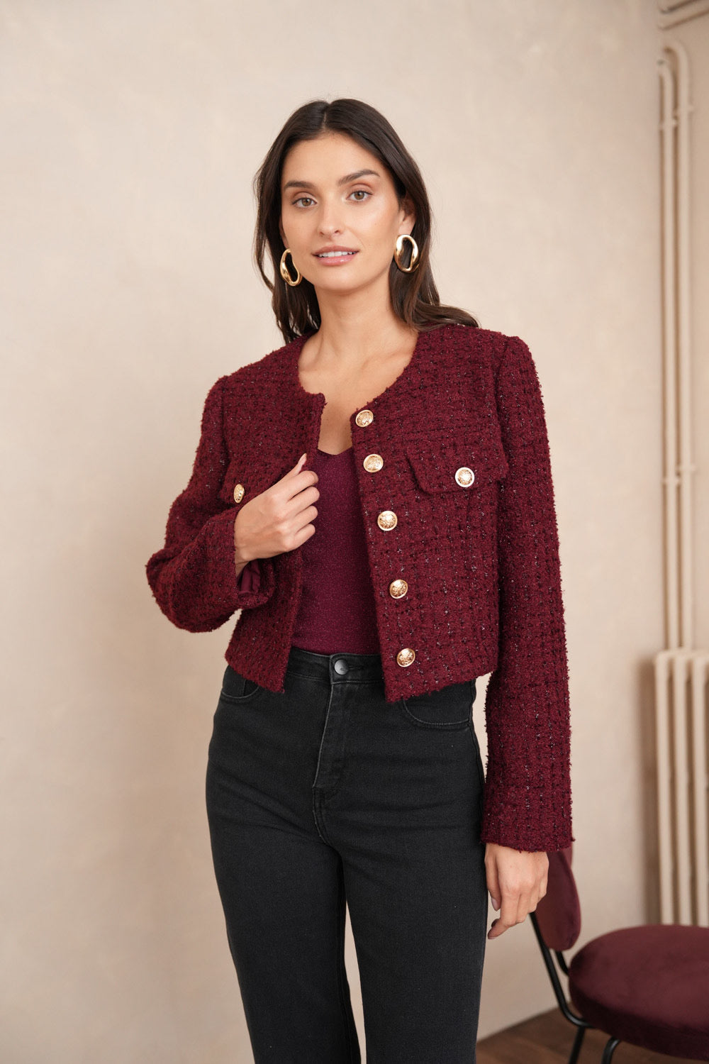 Collarless burgundy blazer styled with black trousers - autumn winter outfit
