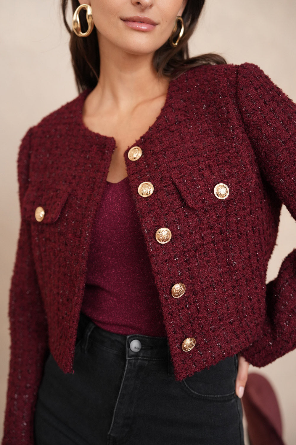 Burgundy tweed cropped blazer back view showing structured tailoring