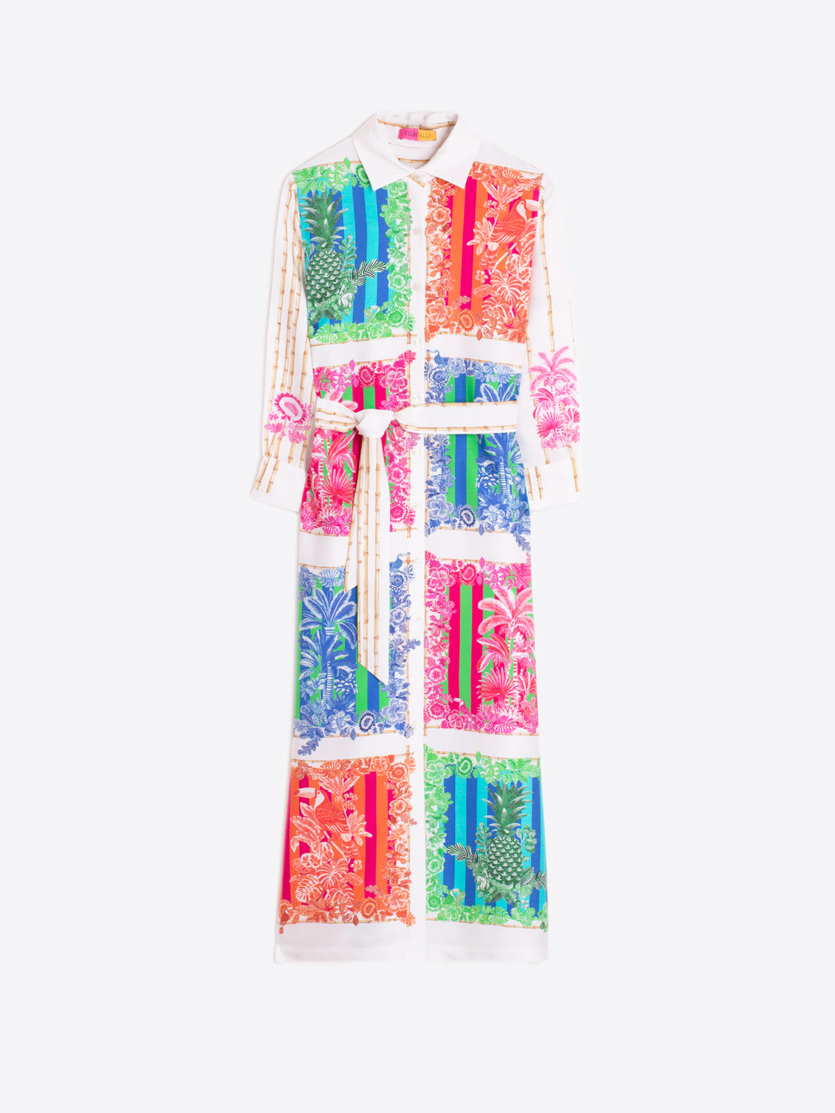 Women’s colourful midi dress with tie waist belt and long sleeves
