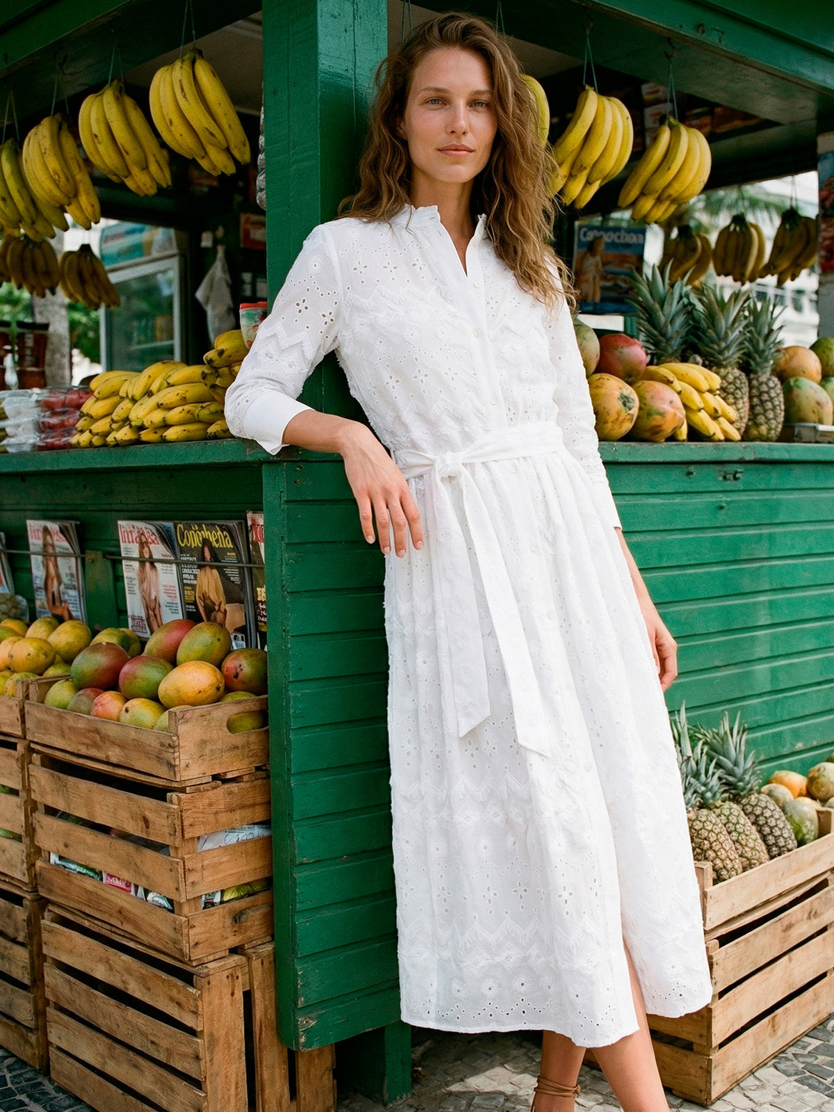 Vilagallo white broderie anglaise midi dress for women