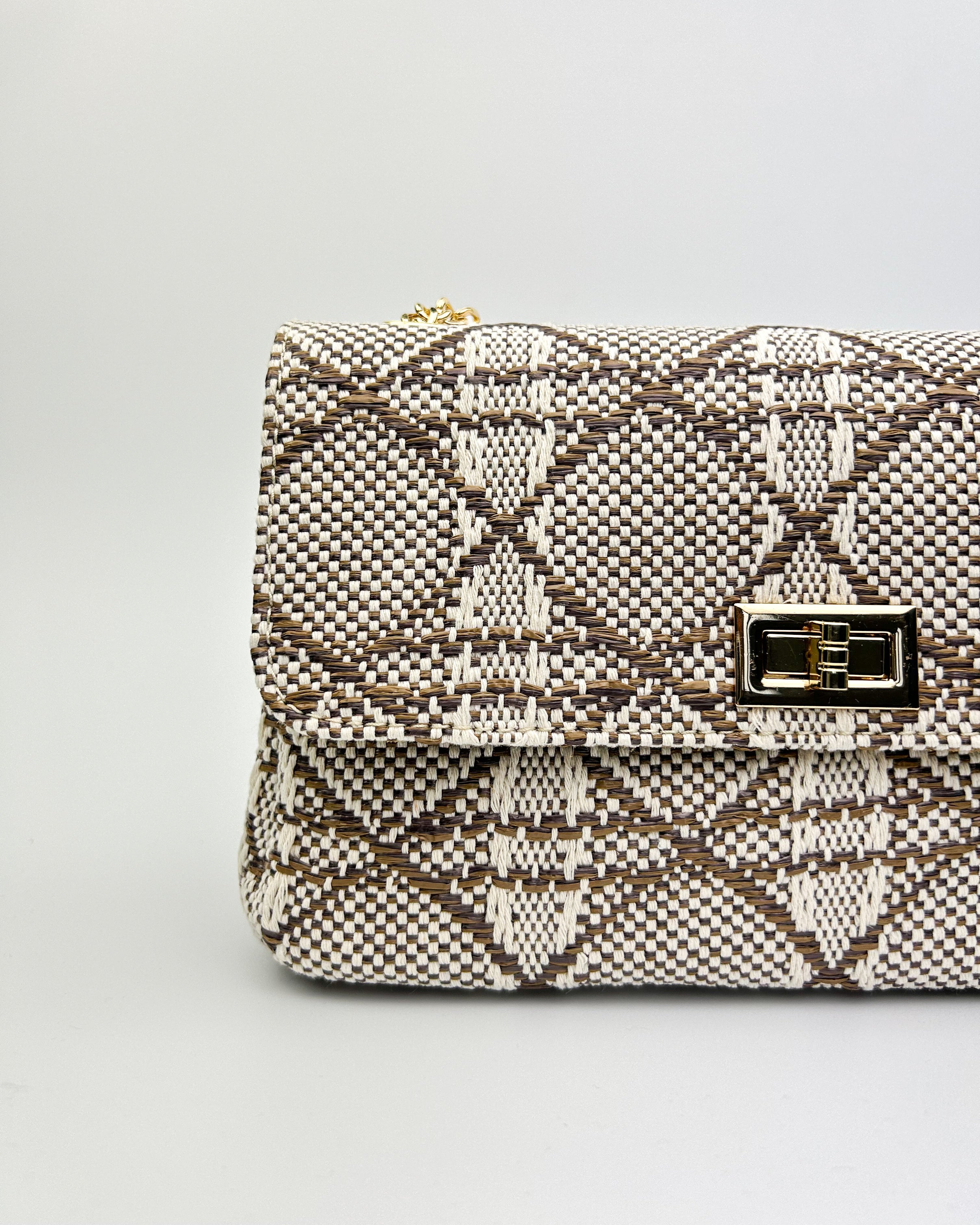 Close-up of Emma bag’s gold chain and leather strap detail