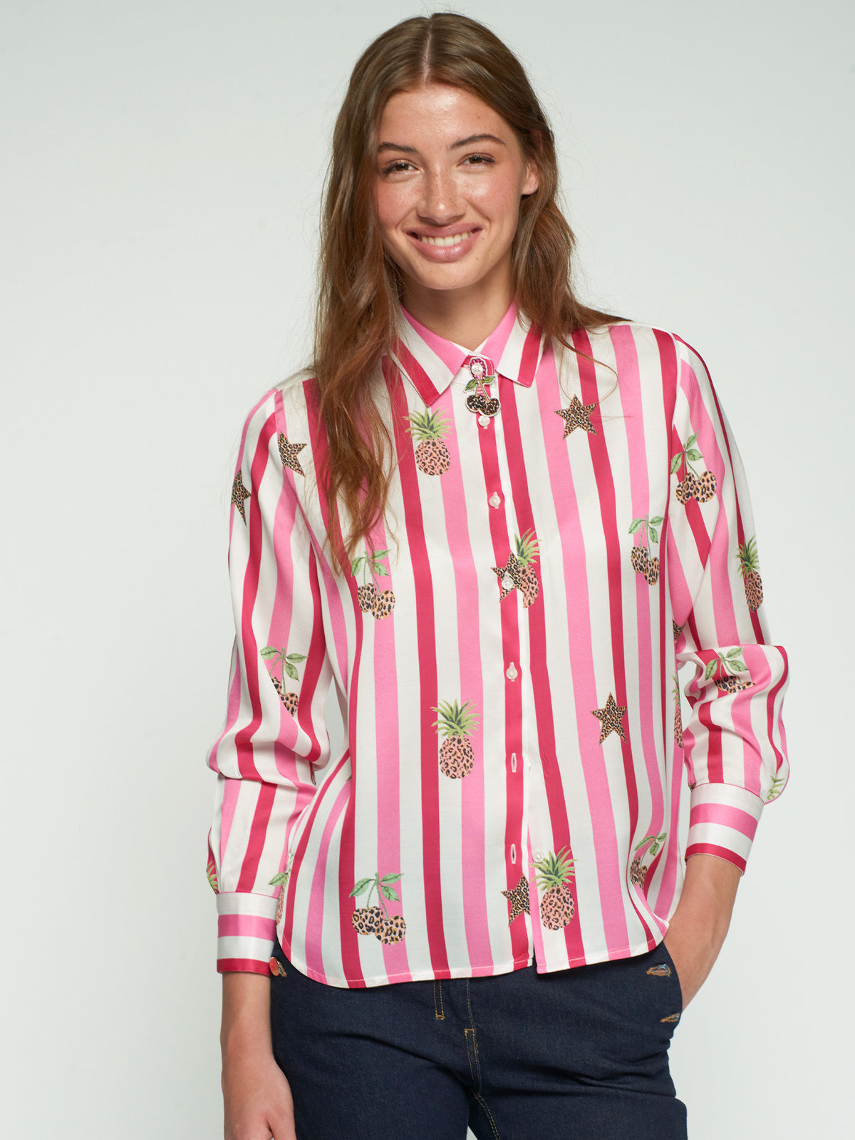Women’s colourful striped shirt with playful print by Vilagallo