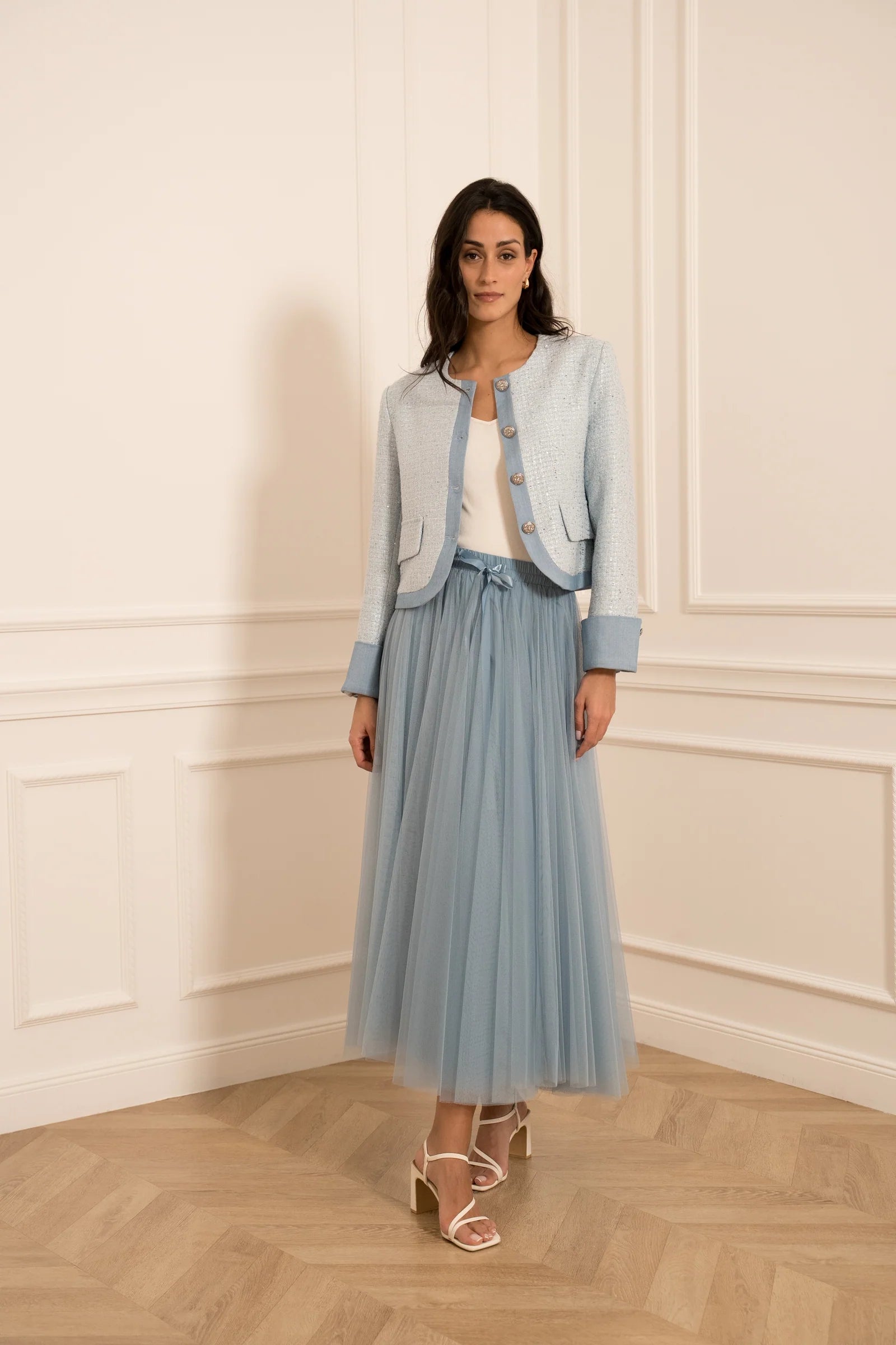 Sky blue layered tulle midi skirt — feminine occasion wear