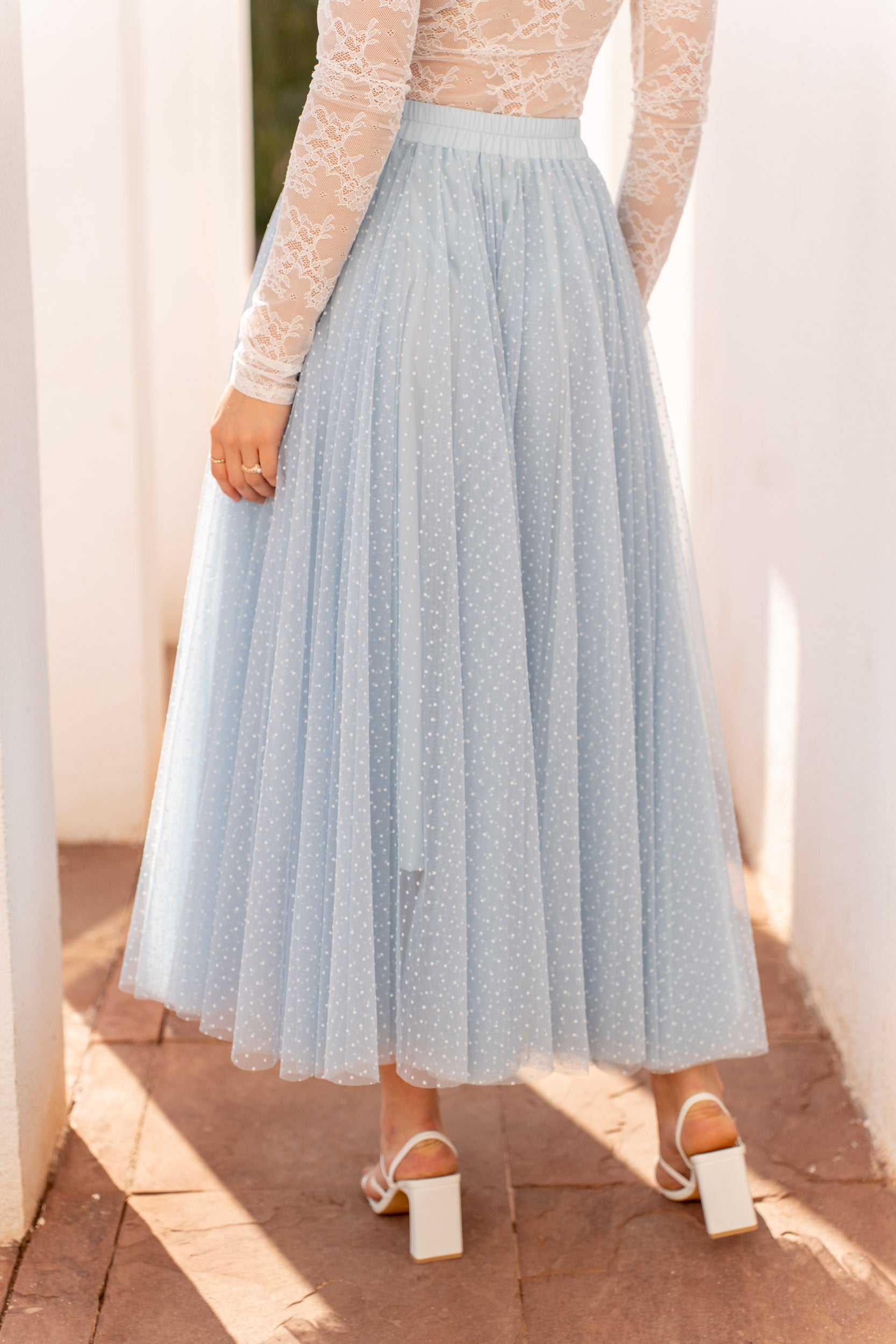 Blue polka dot layered tulle skirt styled for special occasion — Sienna Alexander London