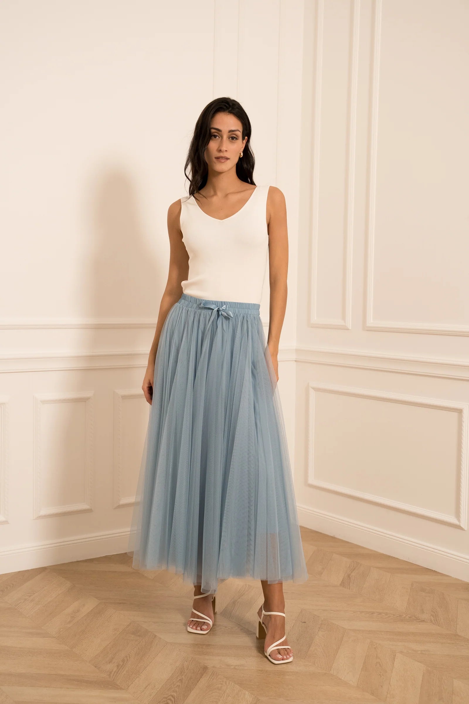 Light blue tulle midi skirt with elasticated waist — Sienna Alexander London