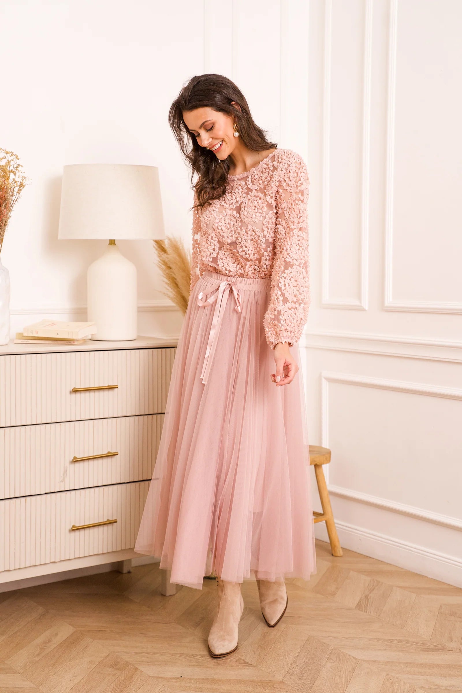 Pink tulle midi skirt with soft layered silhouette for special occasions