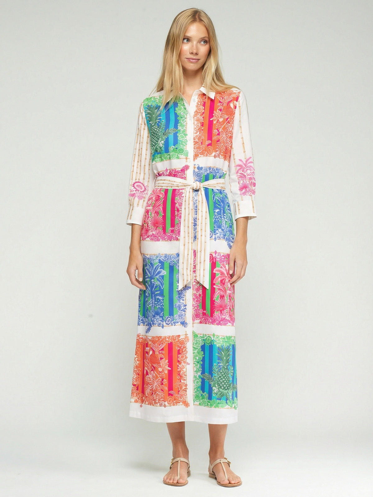 Women’s colourful midi dress with tie waist belt and long sleeves