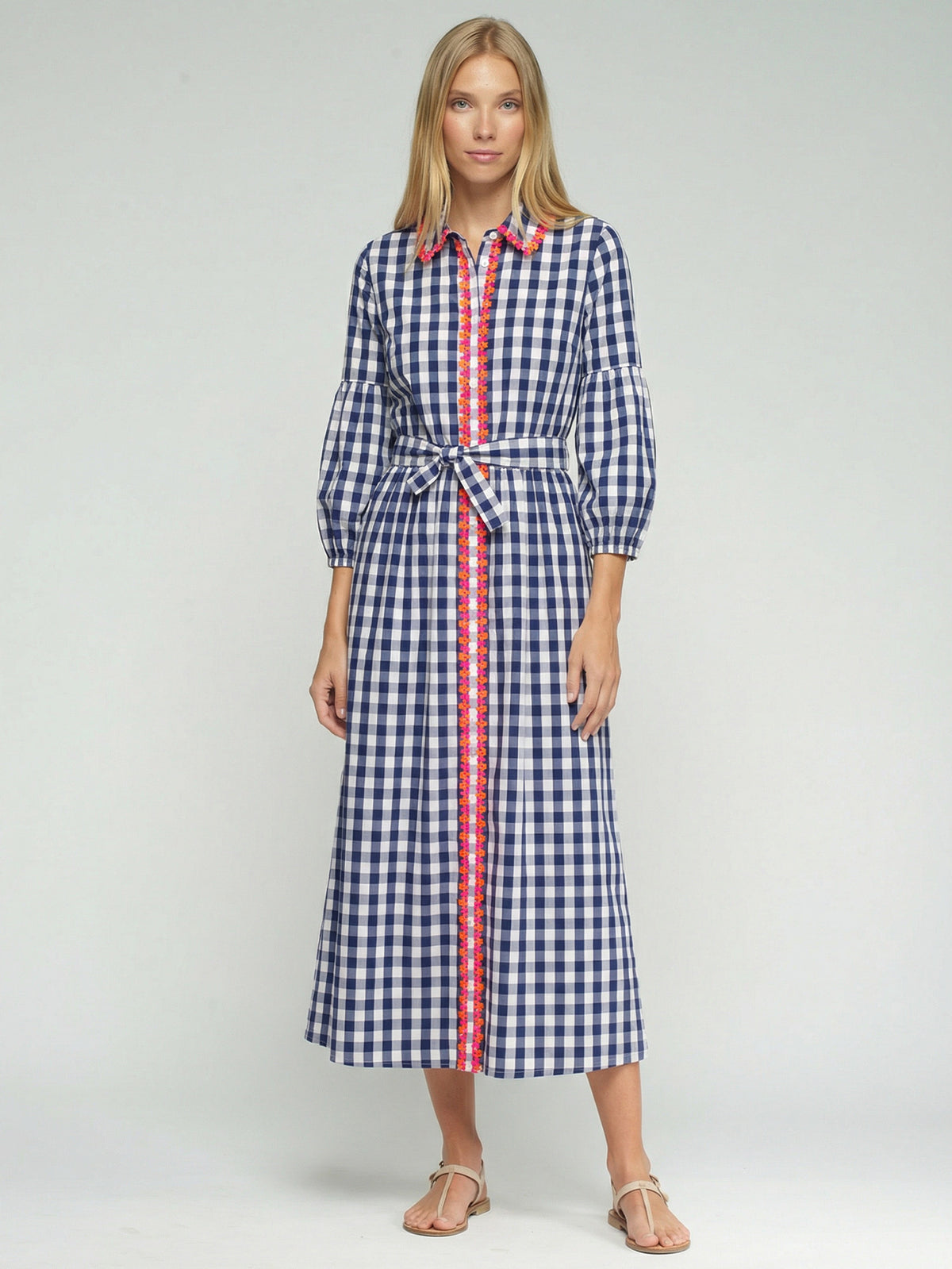 Vilagallo embroidered gingham shirt dress in navy and white