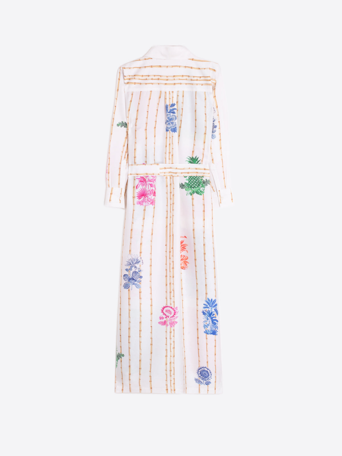 Colourful summer midi dress styled with flat sandals and waist tie
