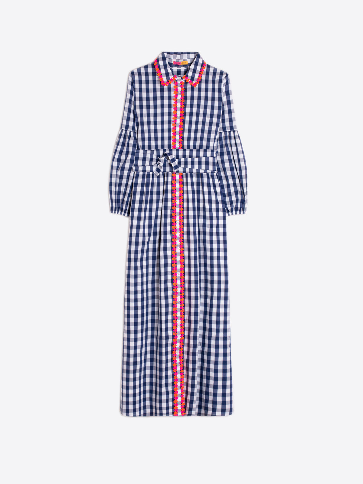 Women’s checked midi dress with colourful embroidered trim by Vilagallo