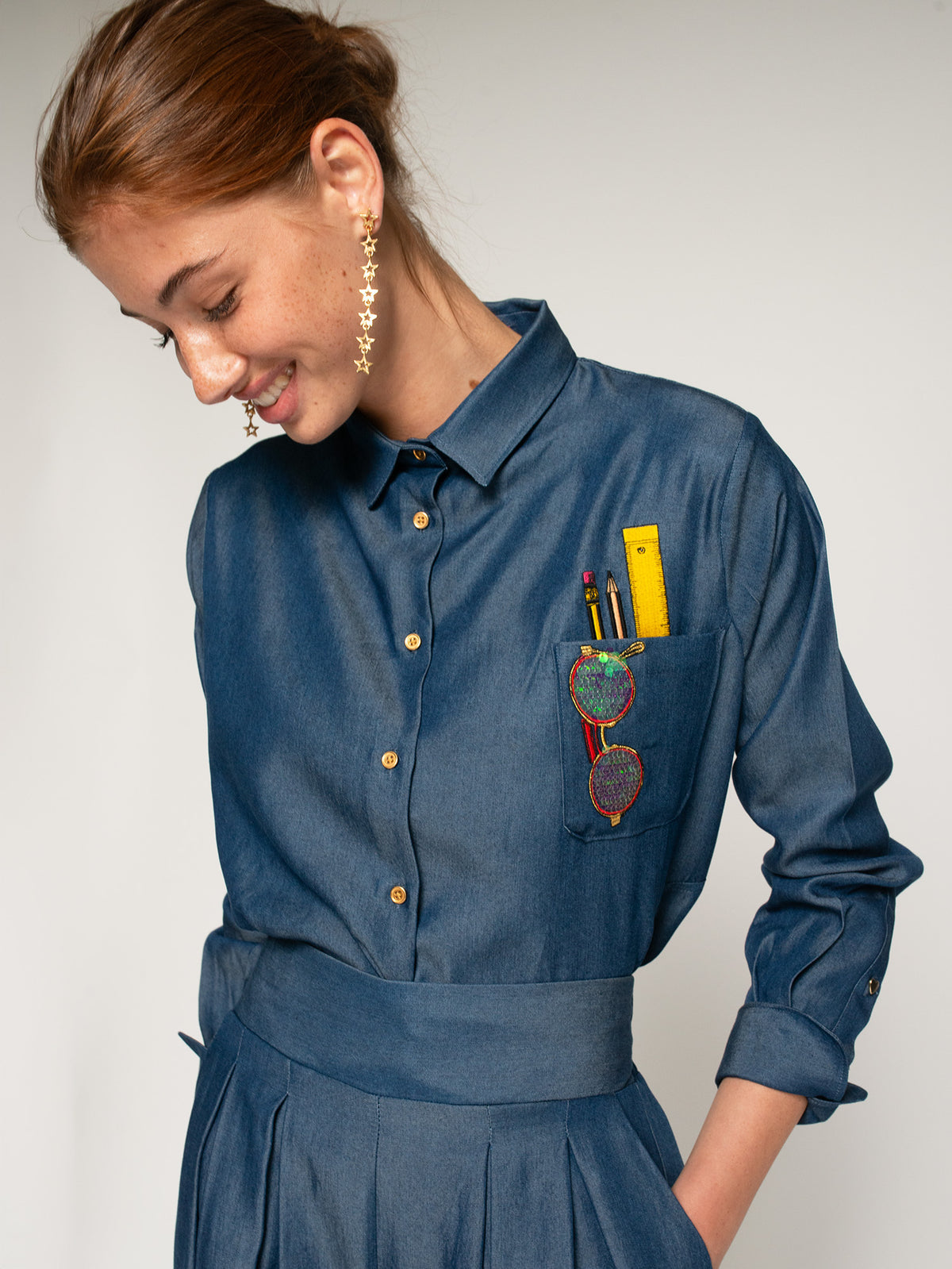Women’s navy designer shirt by Vilagallo in 100 percent Tencel